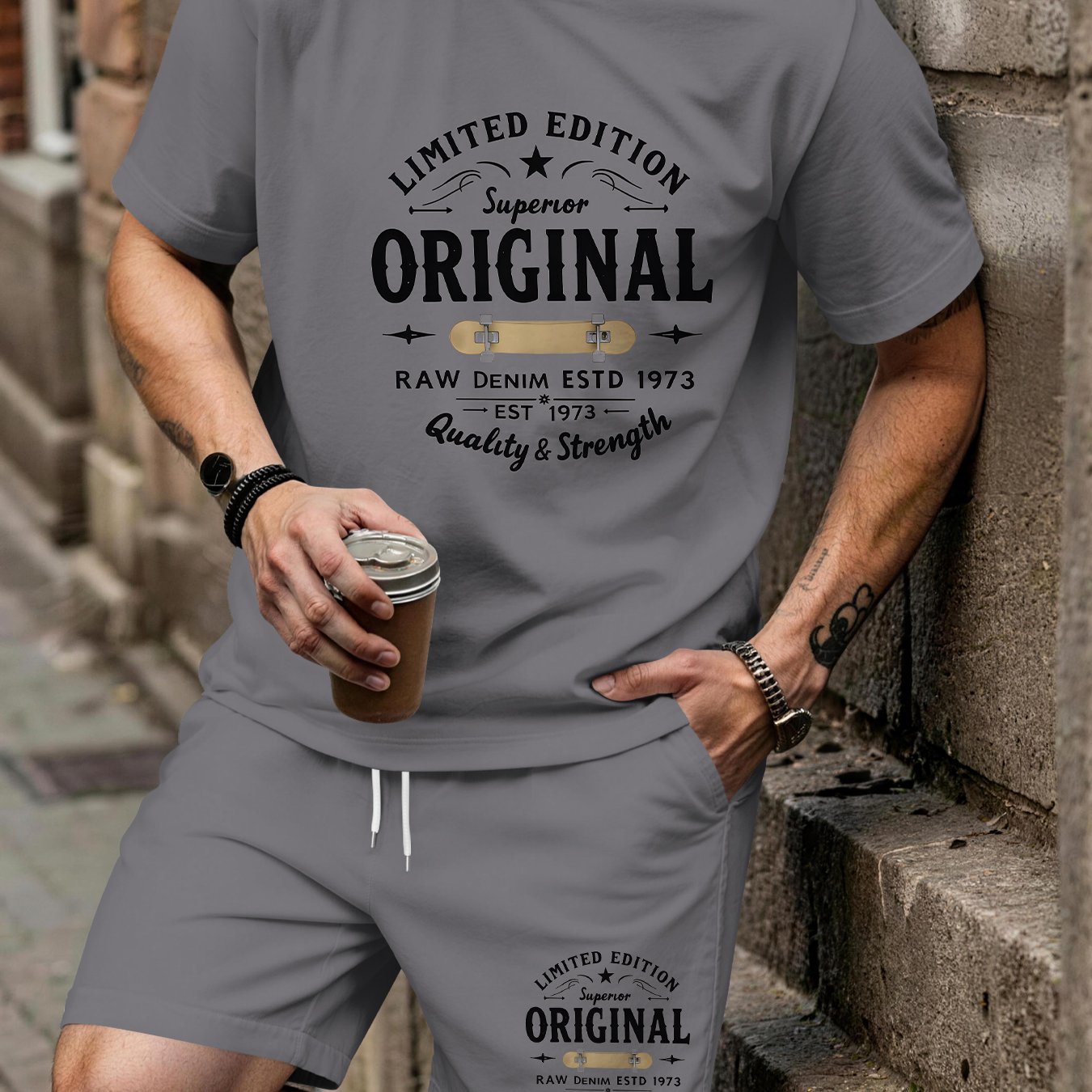 TEMU Men's Casual Short-sleeve Outfit For Spring And Summer, Featuring A Vintage Letter Print, Trendy Short-sleeve And Shorts Set, Perfect For ,