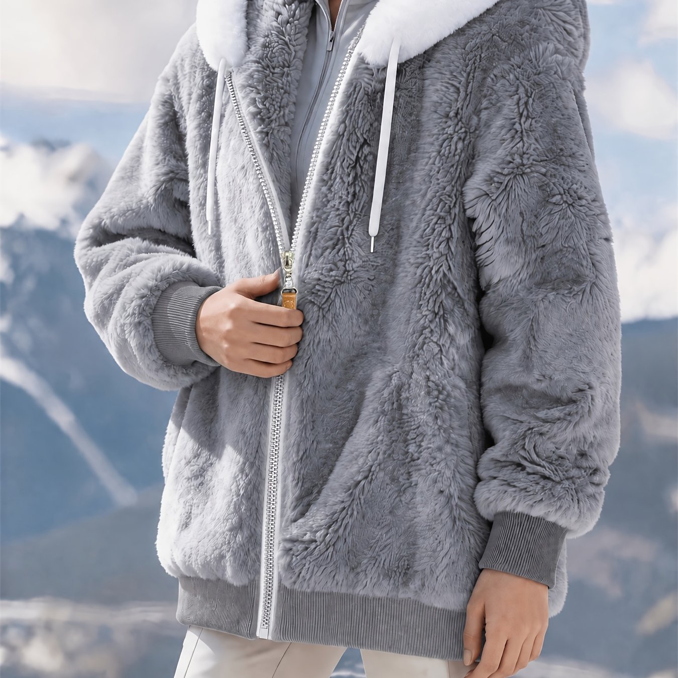 TEMU Giacca da donna /inverno casual in peluche con cappuccio e cerniera - Lavabile in lavatrice