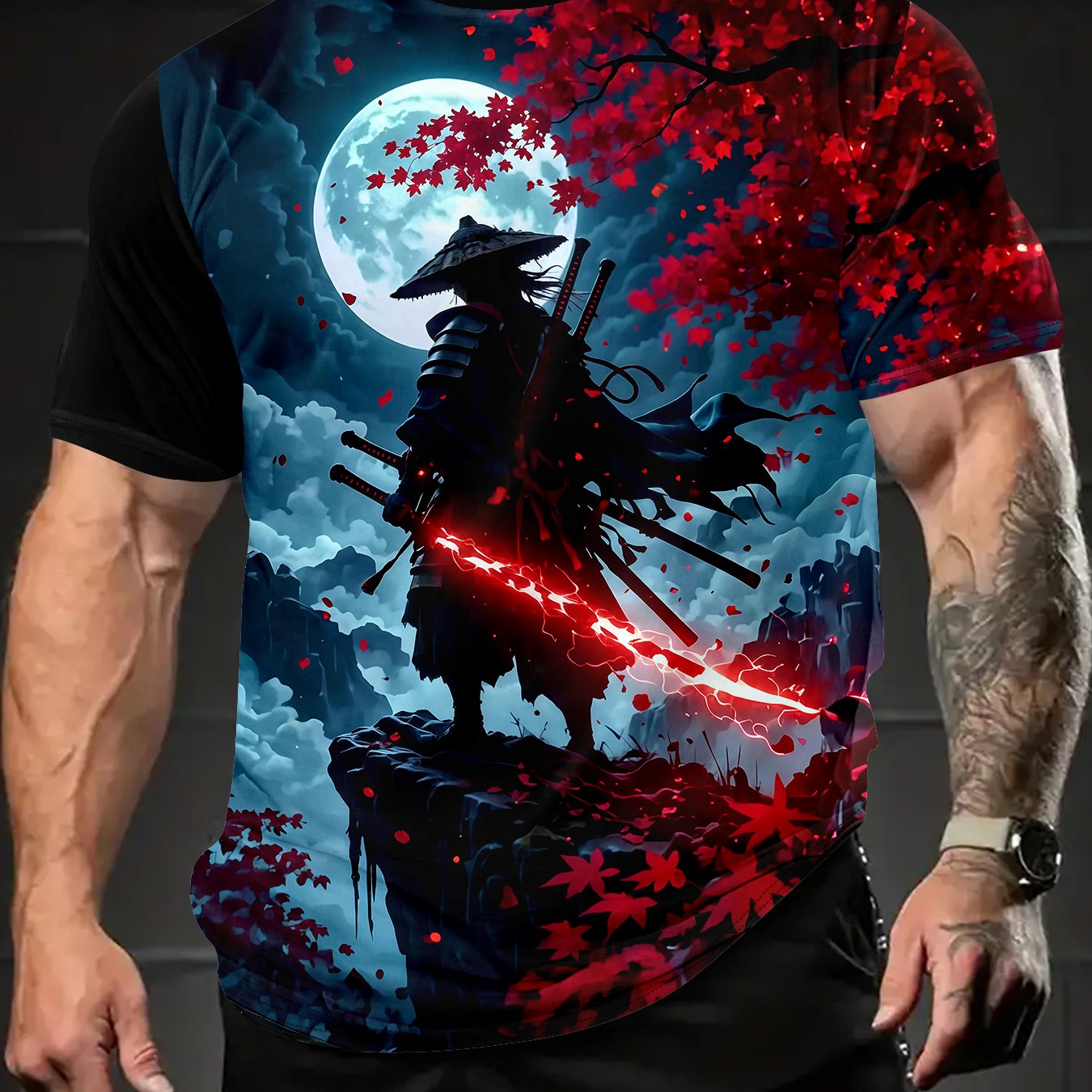 TEMU 3d Warrior With Leaves And Print Men's Casual Round Neck T-shirt â Summer Breathable Outdoor Sport Top, Perfect For Running, Gym, Or Gift Ideas