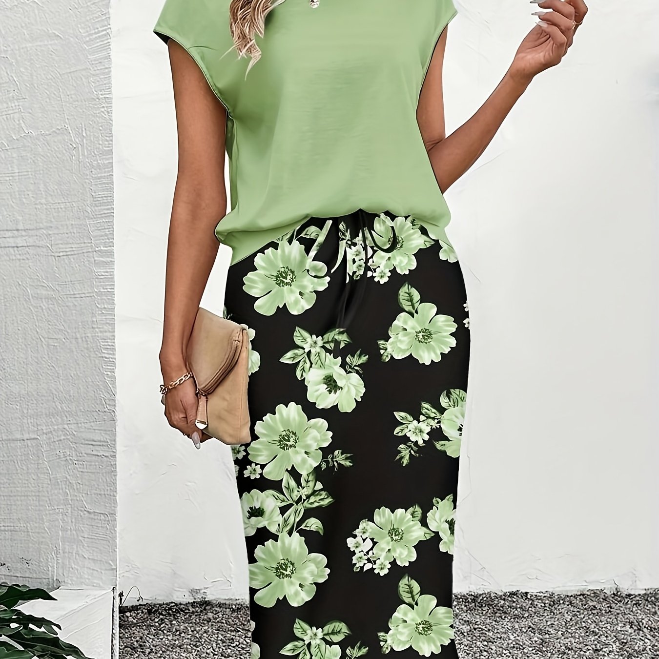 E-shop YY0525668 Elegantes Casual Zweiteiler-Set, Blumenmuster Kurzarm-Shirt und Rock, Damenoutfit