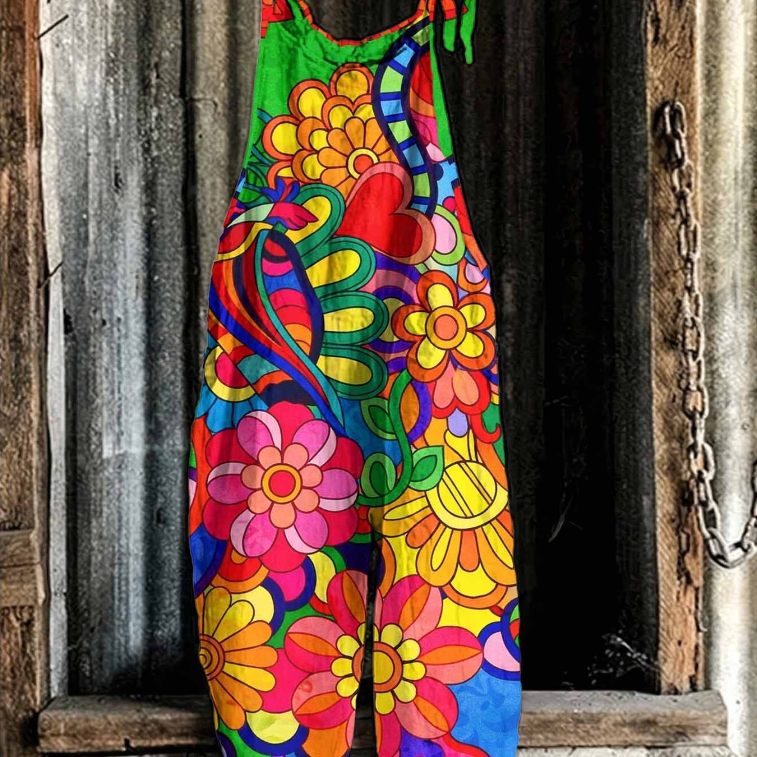 Image of New Arrival Hippie Style Floral And Heart Print Design Overalls, Casual Comfortable & Cool Summer Overalls Women, Versatile Streetwear & With Special Fabric And Print