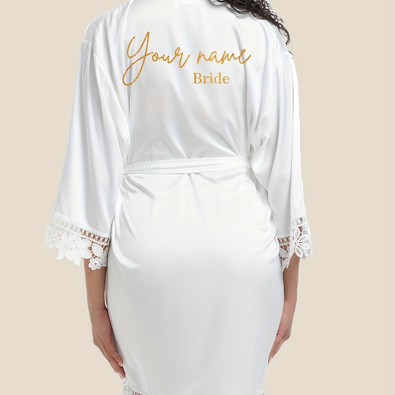 TEMU 1pc Lace Trim Bridal Robe, Morning Gown With Custom Name And Golden Glitter Hot Stamping