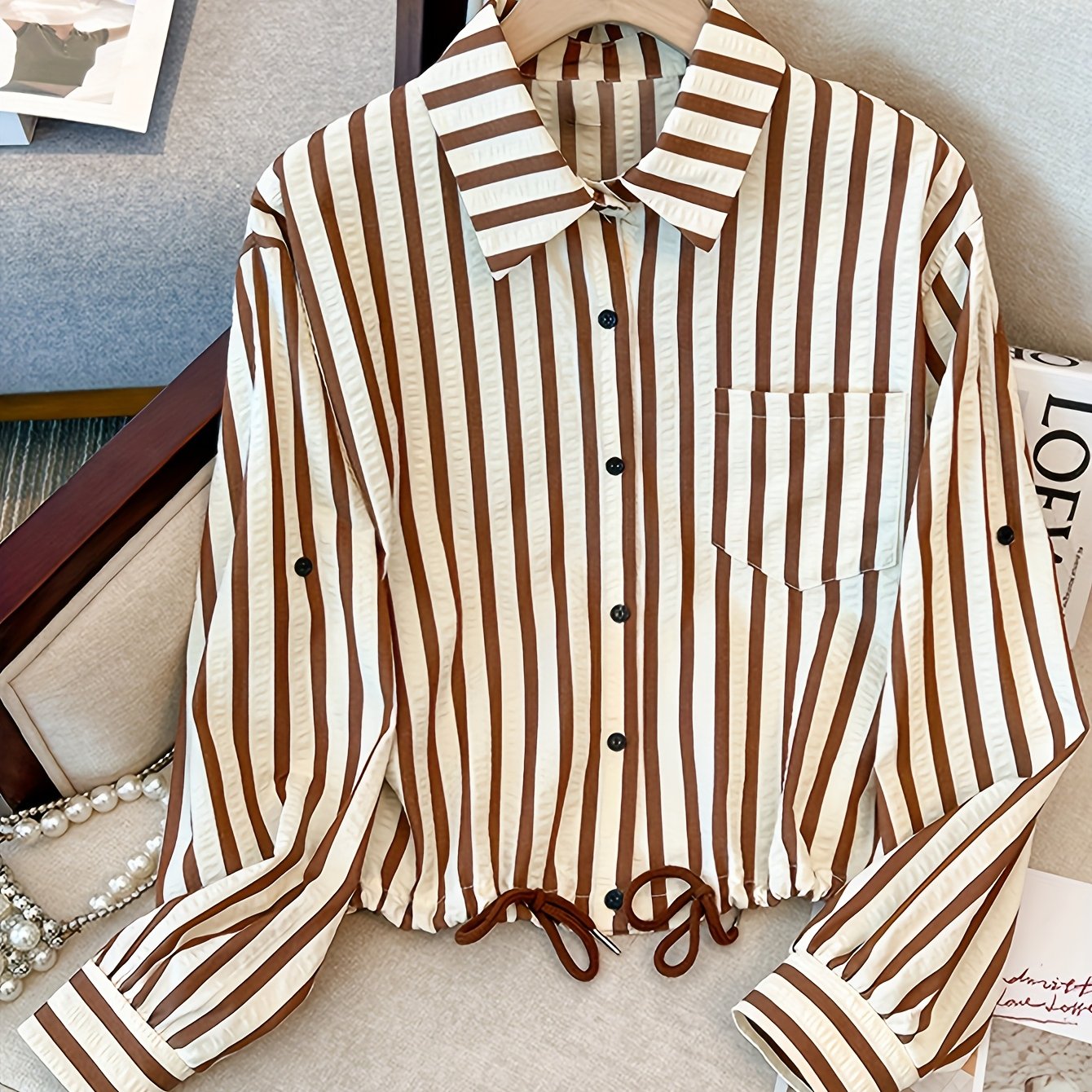 E-shop Gestreiftes Langarmshirt für Damen für Frühling/Herbst mit Kragen im französischen Stil Designer-Saum mit Kordelzug, schickes vielseitiges