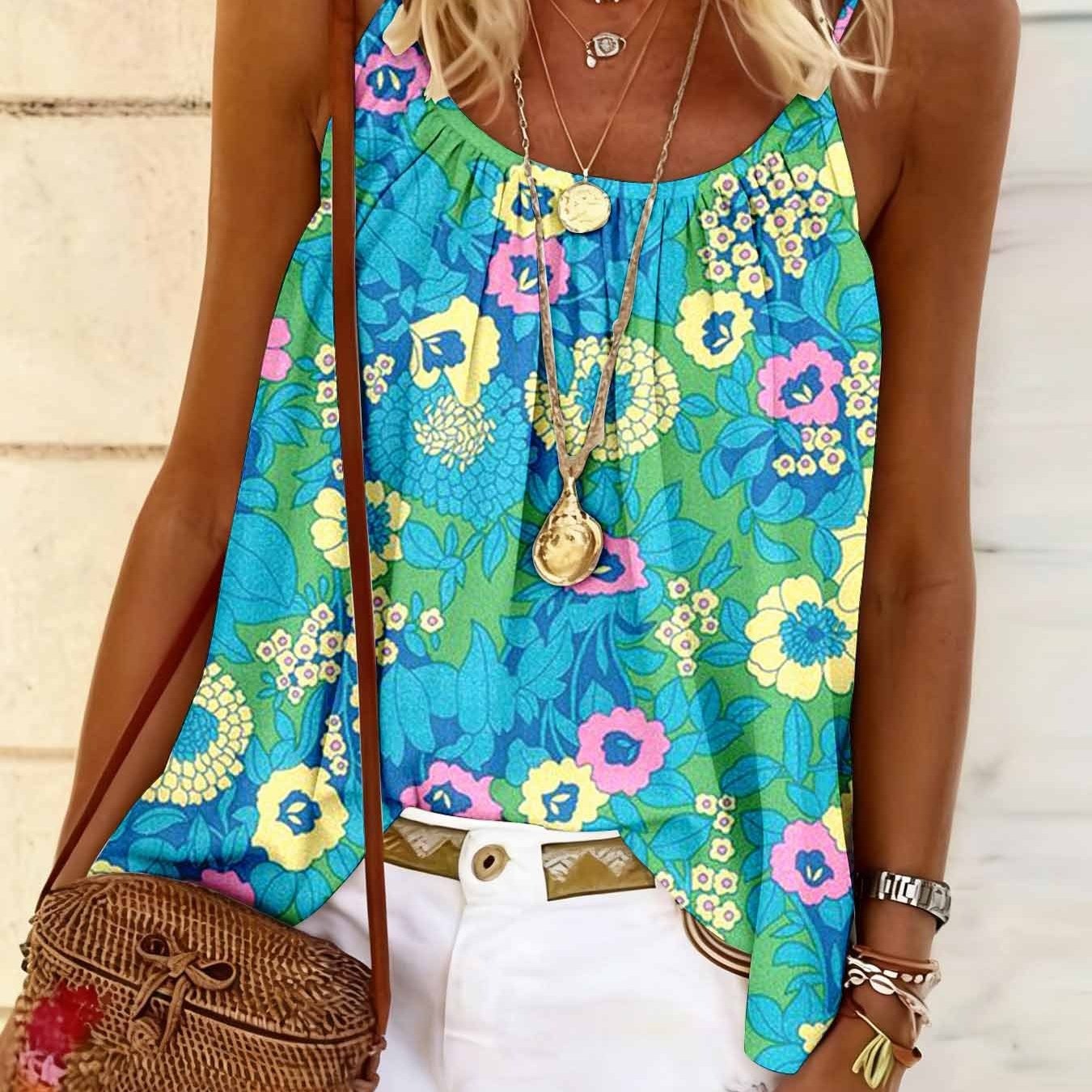 Image of Ladies' Printed Camisole Vest Loose Fit Slim Shoulder Strap Top Suitable For , Summer Fashionable Women's Clothing
