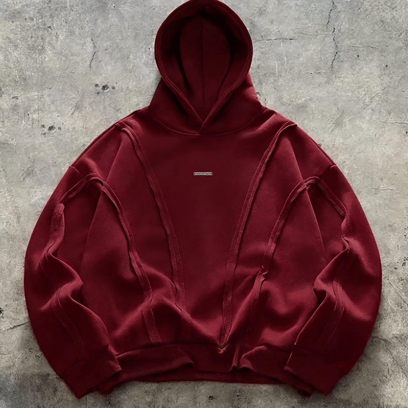 TEMU Men's Casual Hooded Sweatshirt, Niche Design Panel Sweatshirt, Burgundy Hoodie With Edges, Street Loose Fit Cropped Top