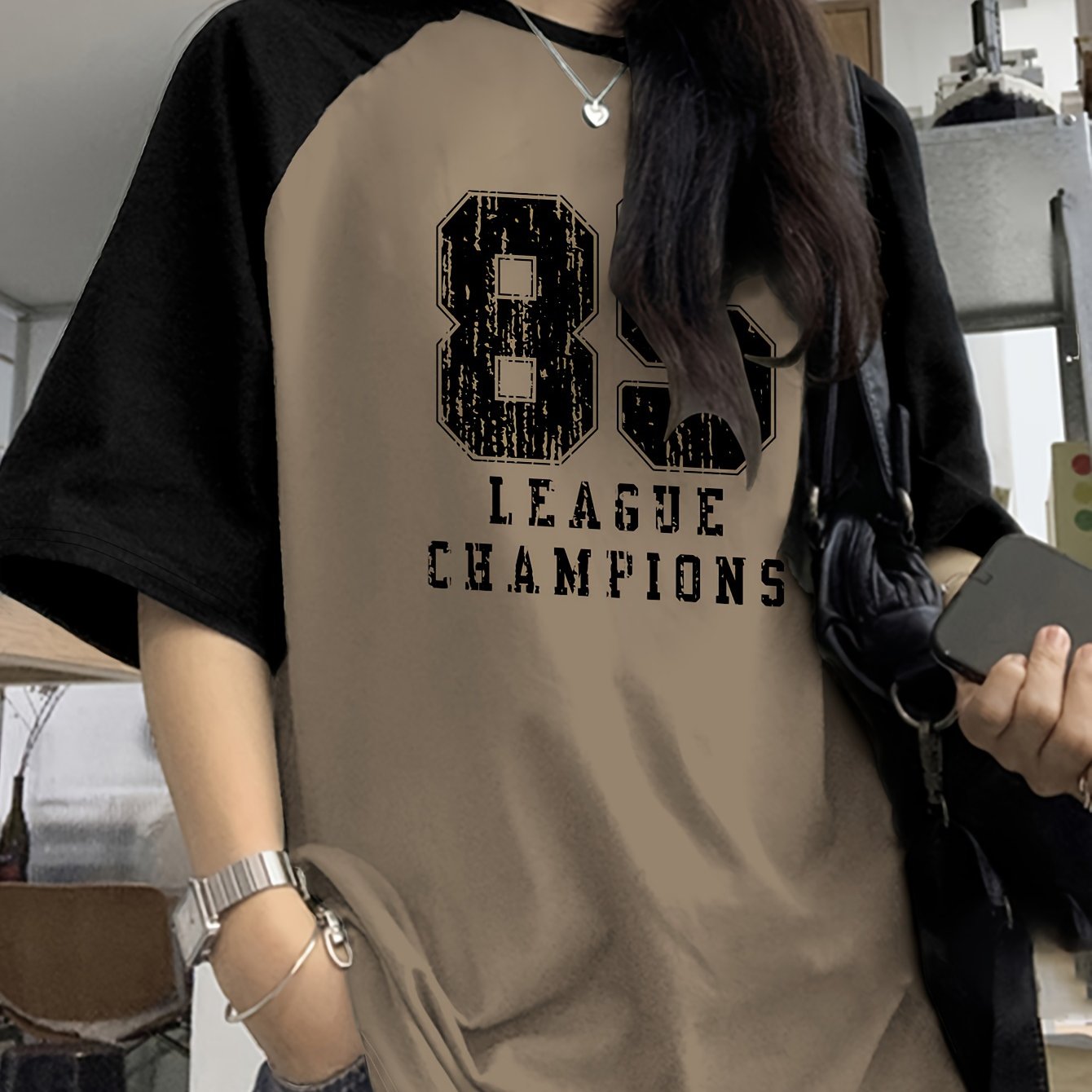 Image of Letter Print Drop Shoulder T-shirt, Short Sleeve Crew Neck Casual Top For , Women's Clothing