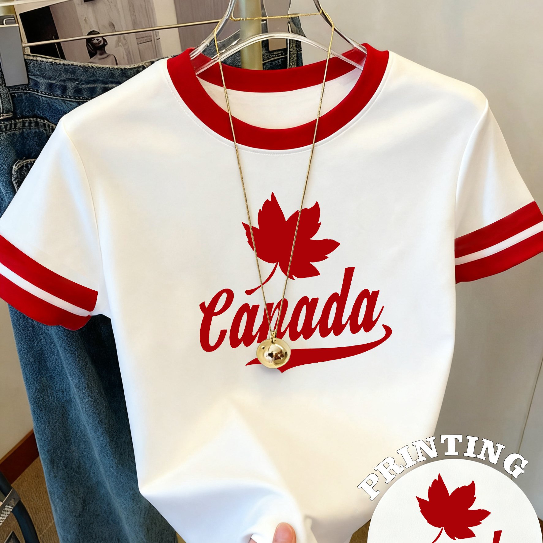 TEMU T-shirt pour femme à imprimé feuille d'érable du Canada - T-shirt décontracté à manches courtes et col rond adapté , été, automne, haut de style