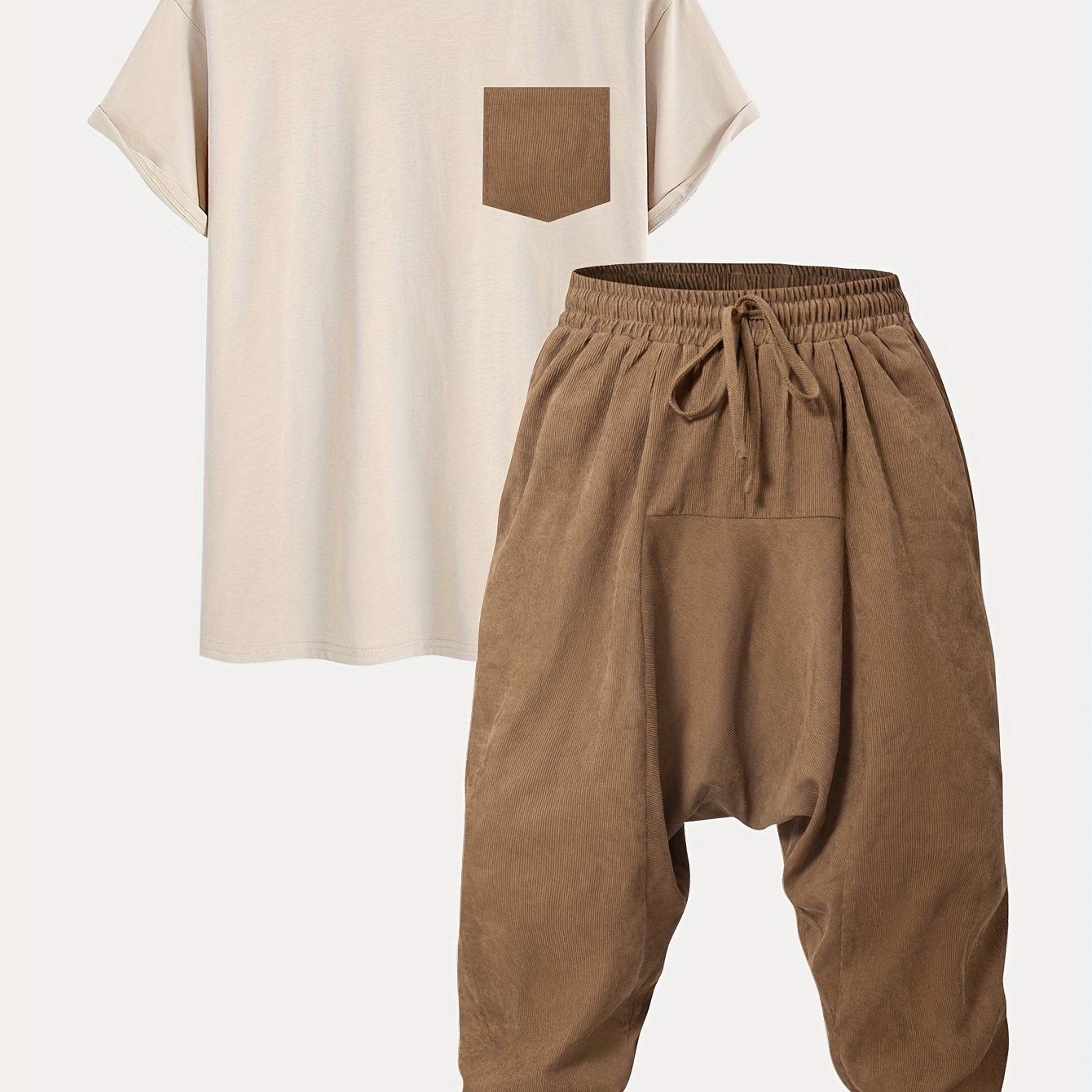 Image of Men's Harem Loose Drop-crotch Pants, Athletic Round Neck T-shirt Top, Corduroy Oversized Loose Wide Length Trousers, Casual Yoga Outfit