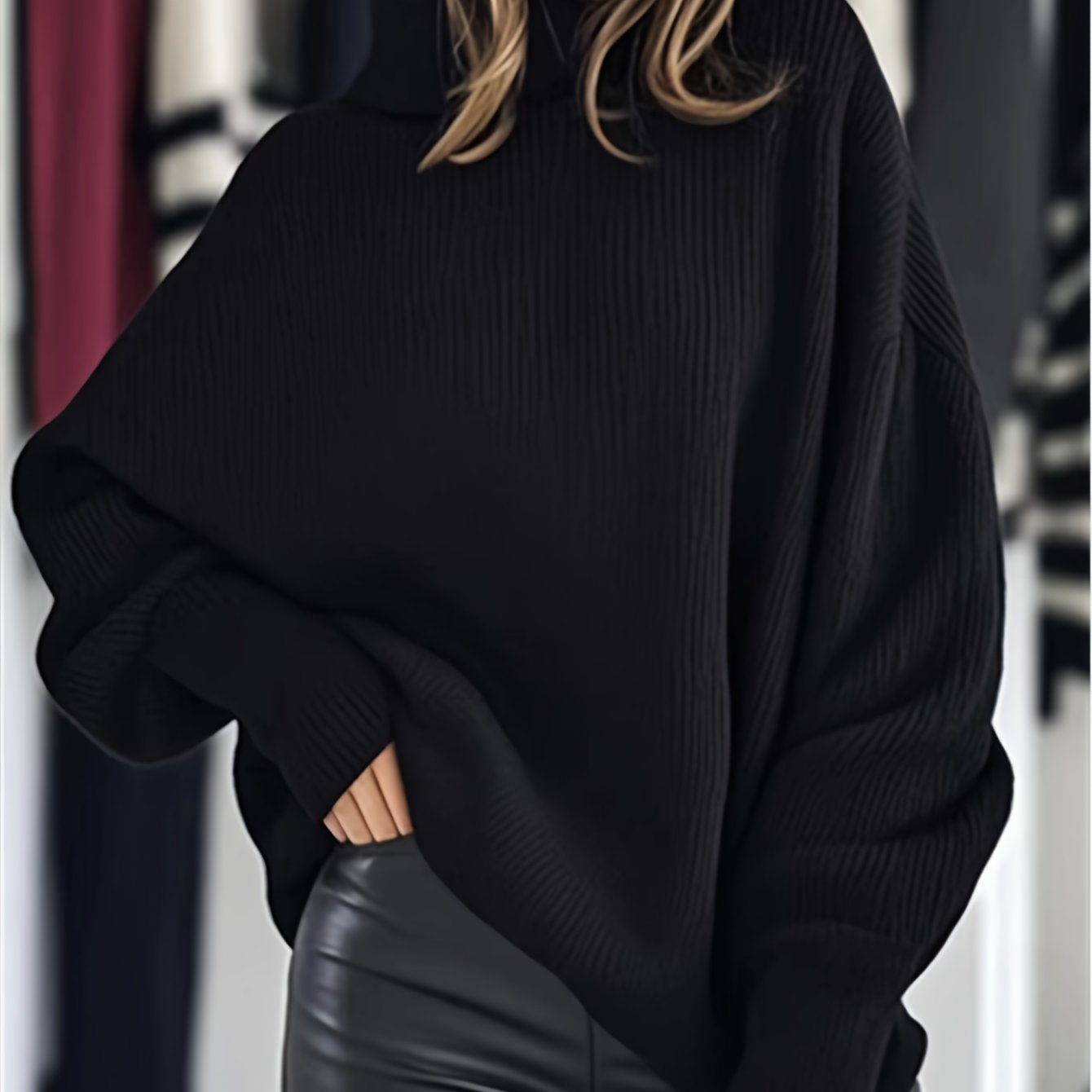 Image of Women's Autumn Winter Thick Sweater | Solid Color High Neck Pullover With Ribbed Texture | Fabric | Warm Comfortable Versatile Casual Top | Women's Clothing | Elegant Fashion Casual Versatile Apparel