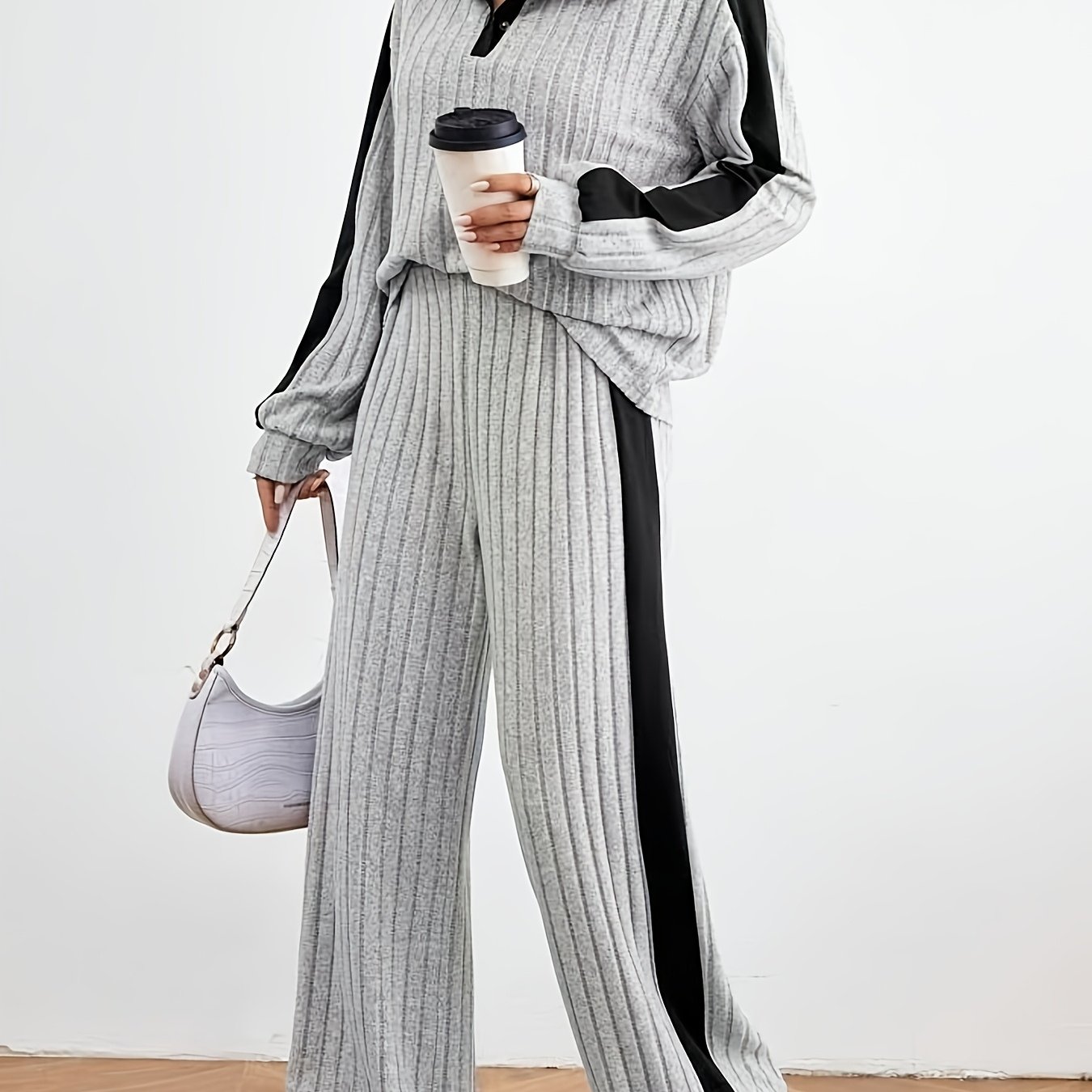 TEMU Ensemble décontracté pour femmes, automne-hiver, à manches longues et pantalon long, avec col à revers et blocs de couleurs