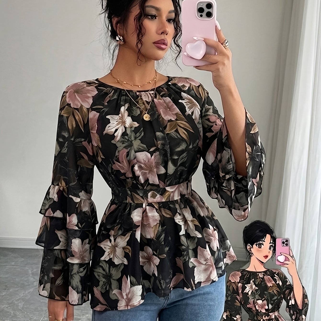 E-shop Elegantes Damen Sommer Top, Chiffon Blumenmuster Rüschen Puffärmel, Taillenband Muttertag Feiertagskleidung Bluse