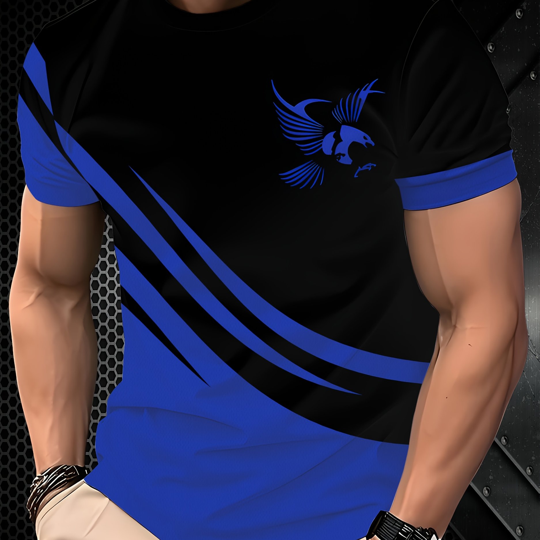The Sleek Black And Blue T-shirt Featuring A Eagle Very Stylish And Fits Well. Hurry And Grab One!