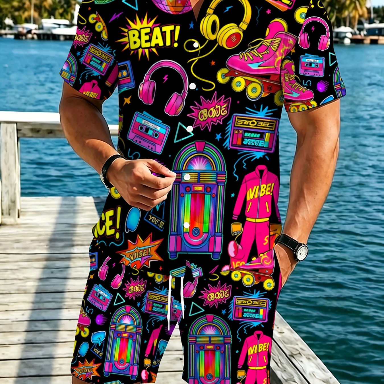 TEMU Men's Short Sleeve Shirt And Pants Set Featuring A Neon 80s Music Theme, Made From Lightweight Polyester With A Bright And Colorful Print, Ideal