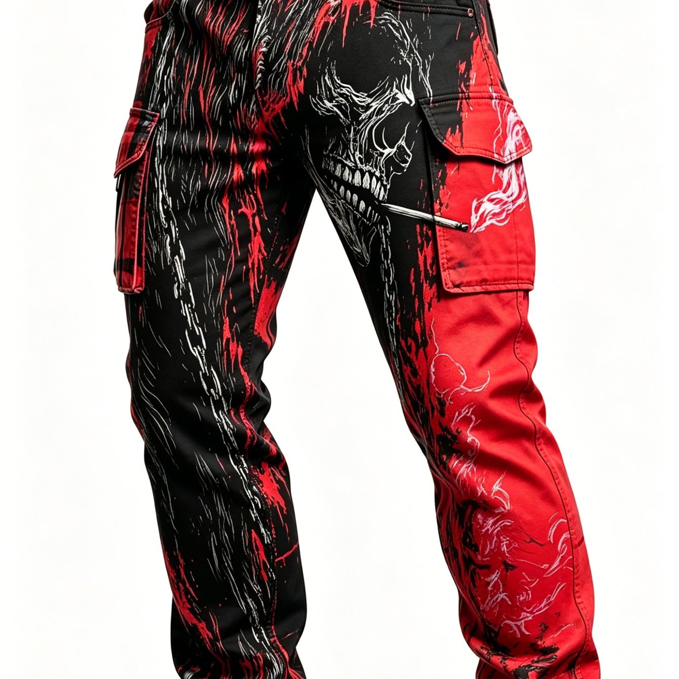 Men's Dark Streetwear Skull Cargo Pants, Casual Daily Trousers For Spring And Fall