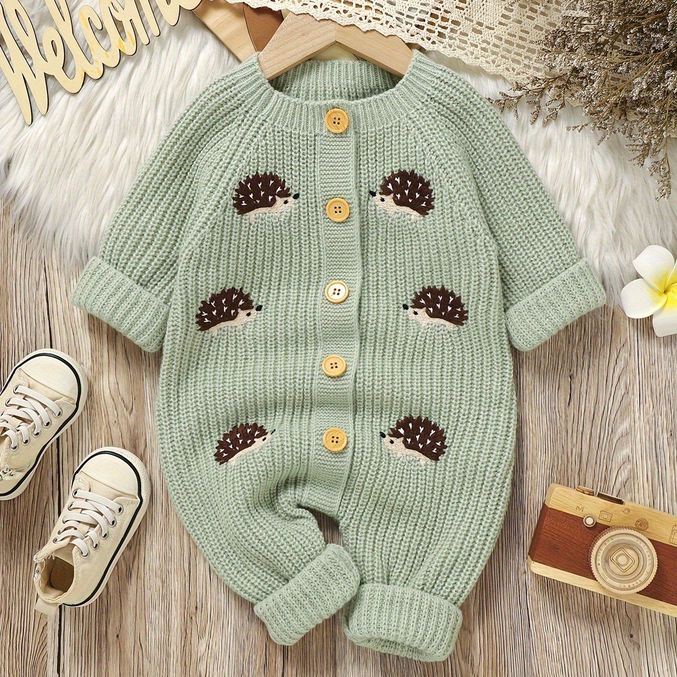 Infant Knitted Hedgehog Pattern Romper Bodysuit, Perfect For Outdoor