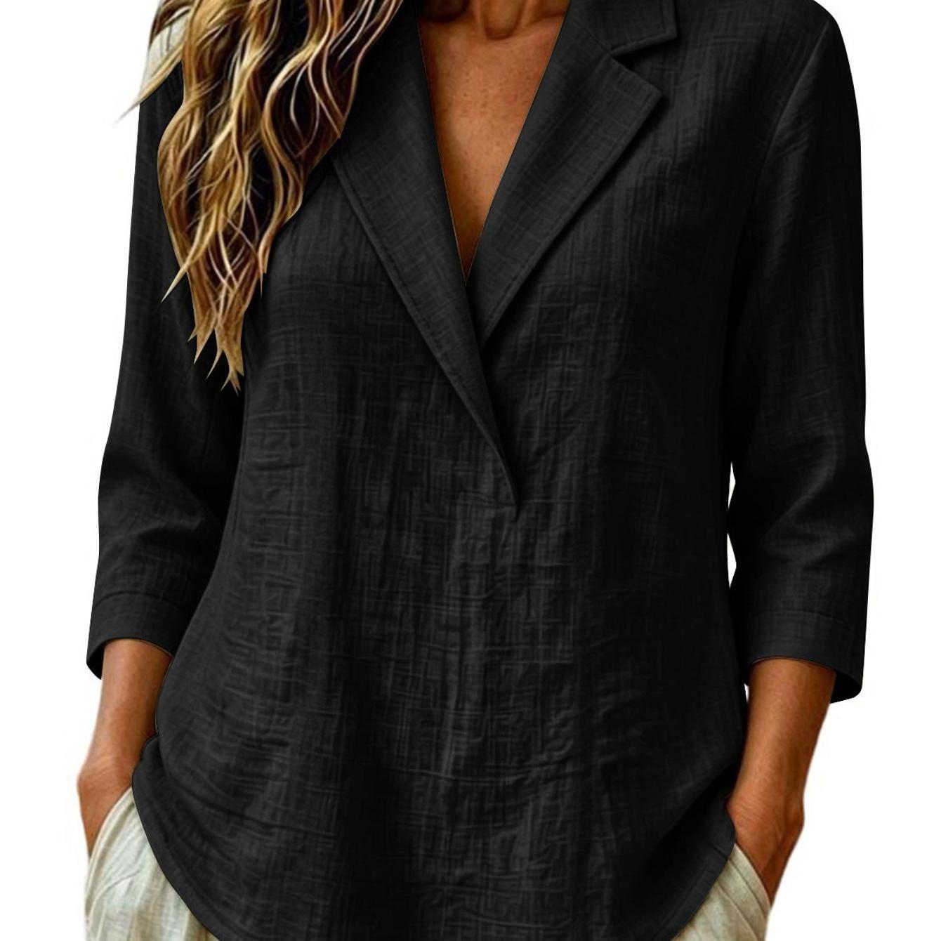 Image of Suitable For Daily Home Dates Outdoor Vacation Women's Fashion Casual Pullover Tops, Summer Solid Color Three-quarter Sleeves Lapel Stylish Linen T-shirts, Modern Feminine