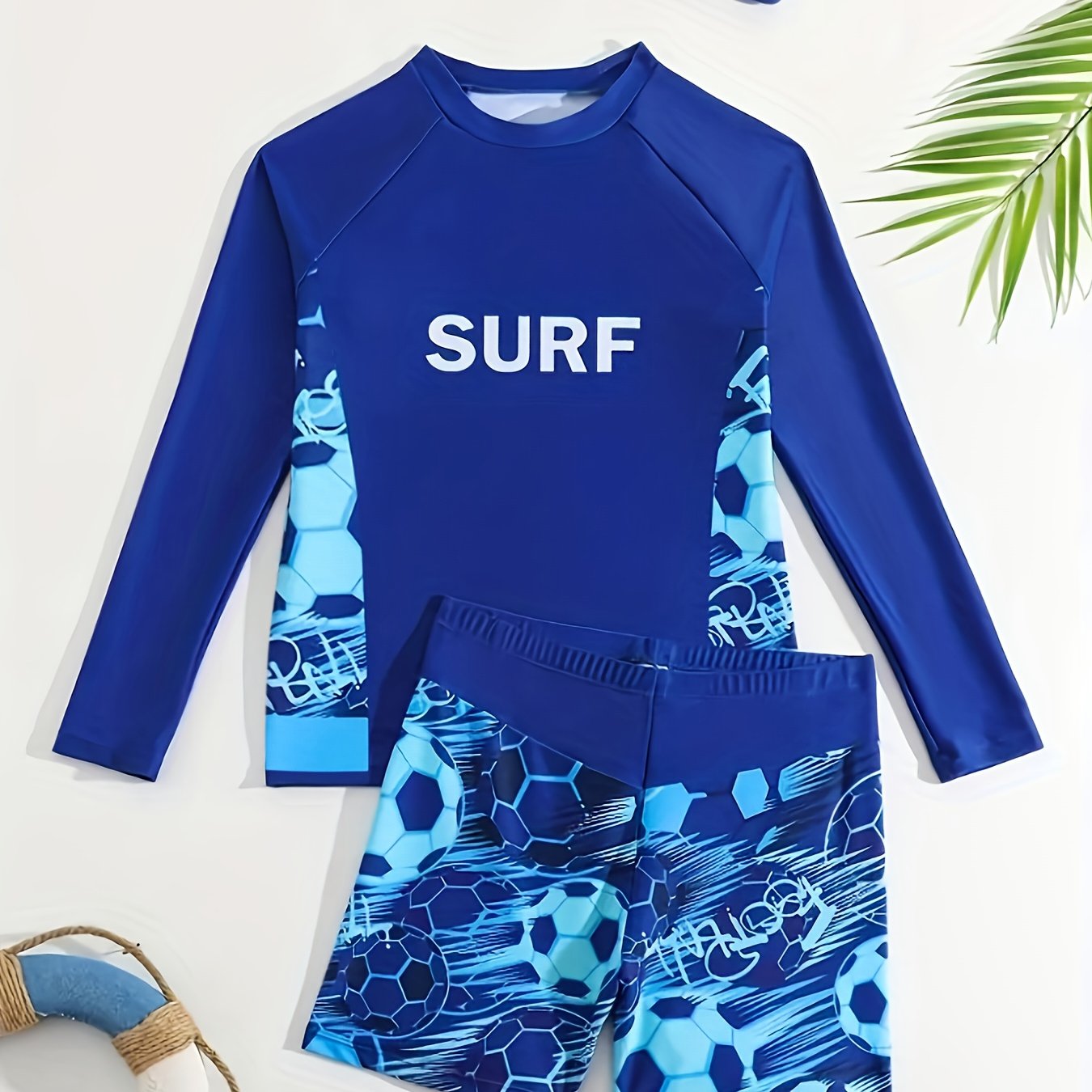 TEMU Boys' Long Sleeve Swimwear Set With Football Print - High Elasticity Fabric, Slim Fit Beach & Pool Swimwear For Spring/summer, Vibrant Design,