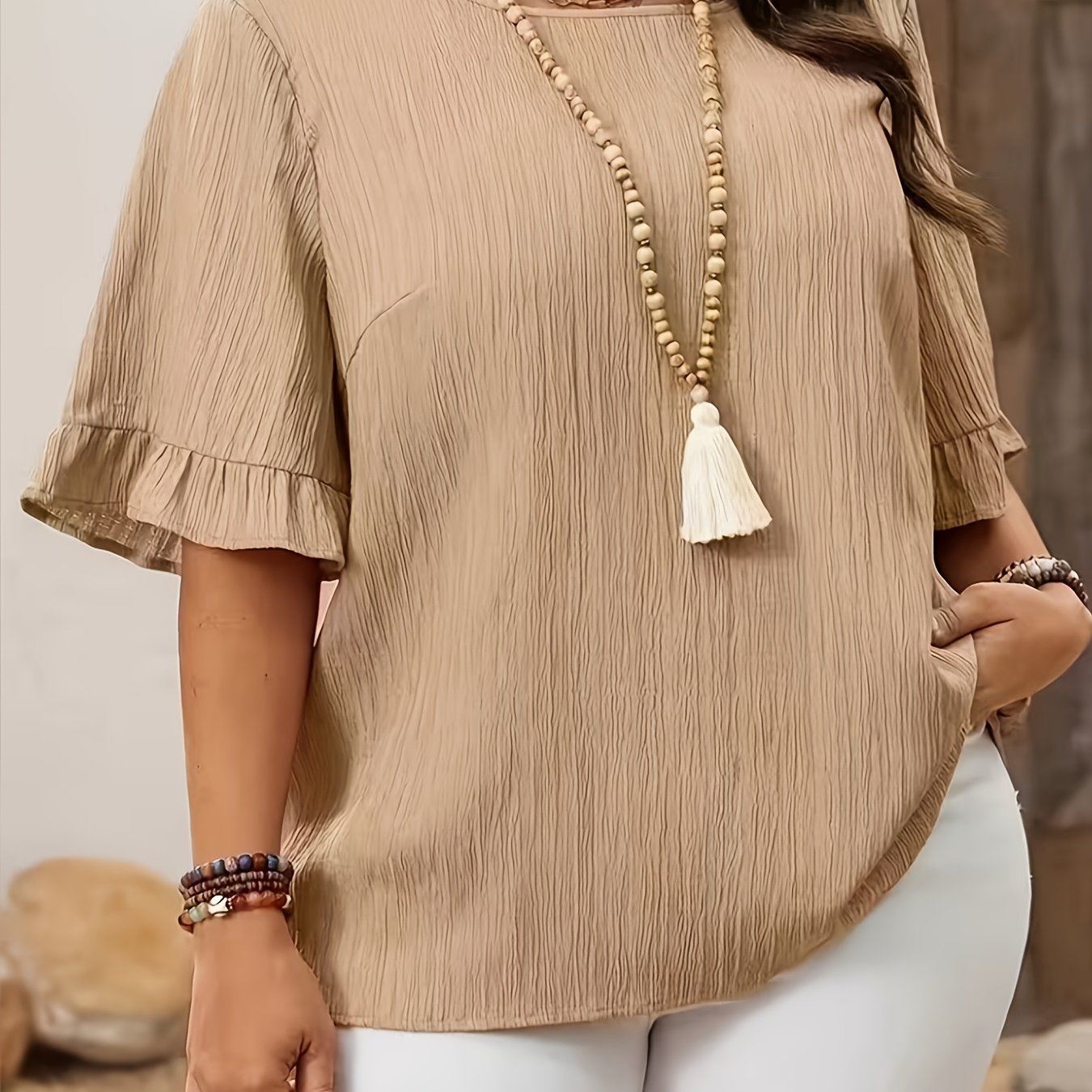 TEMU Khaki Short-sleeve Crew-neck Top