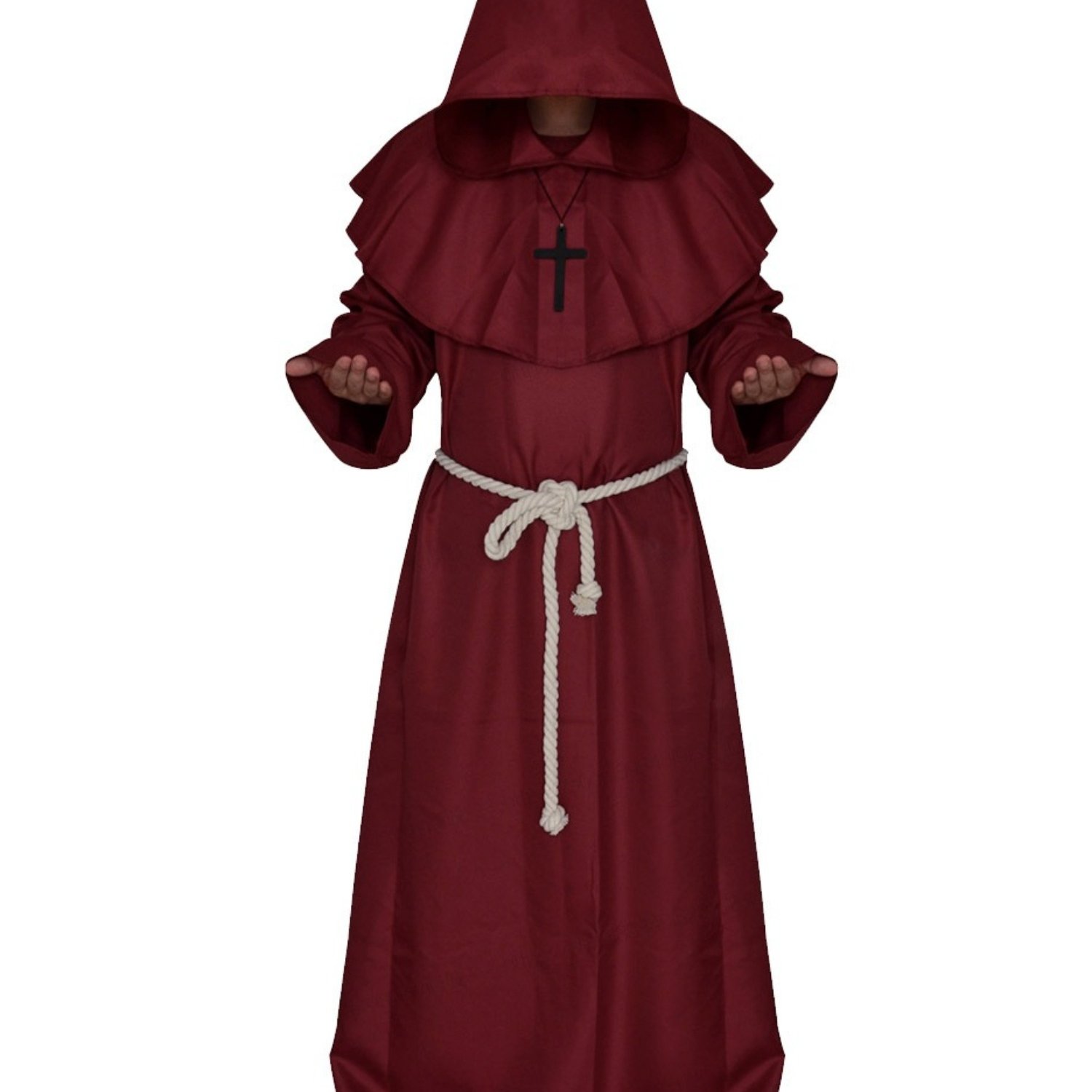Image of 3pcs Set, Medieval Hooded Cross Robe, Woven Polyester Fabric, Loose Version With Hemp Rope Belt + Cross, Halloween Cosplay Party Stage Costumes, Adult Male And Female Role-playing Costumes