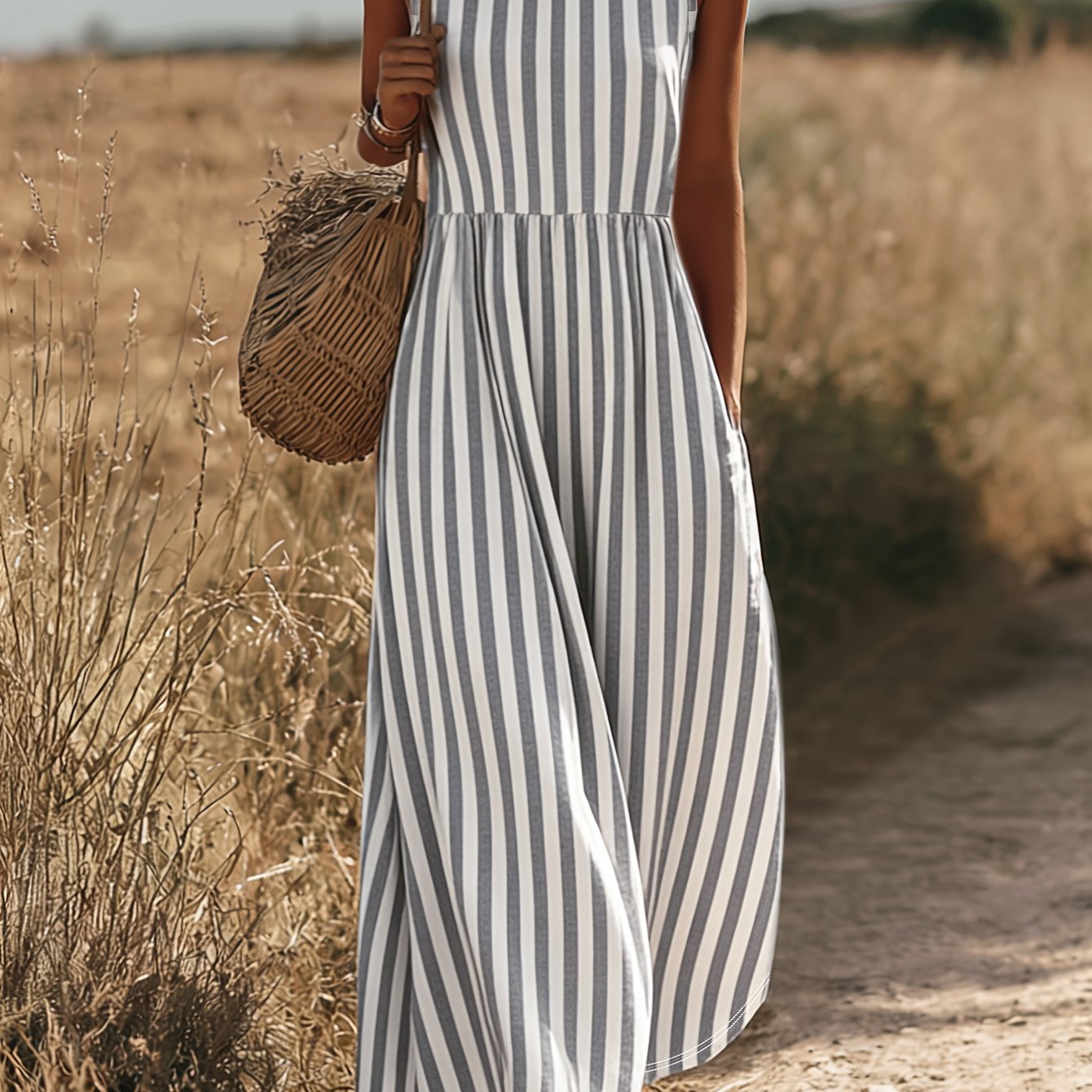 Image of [boho] Striped Print Bohemian Sleeveless Maxi Dress 2026 Spring And White Striped Print Loose Large Swing Dress Style Covering Meat Versatile Dress Optional