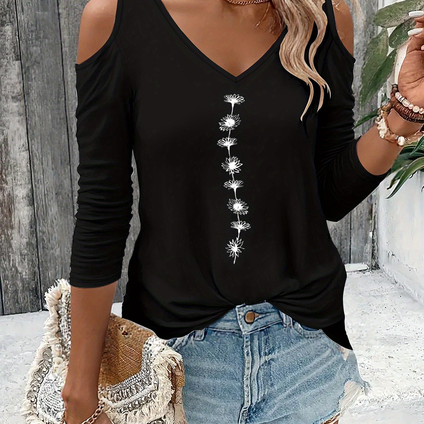 TEMU T-shirt con stampa , maglia casual a maniche lunghe con scollo a V per e , abbigliamento da donna
