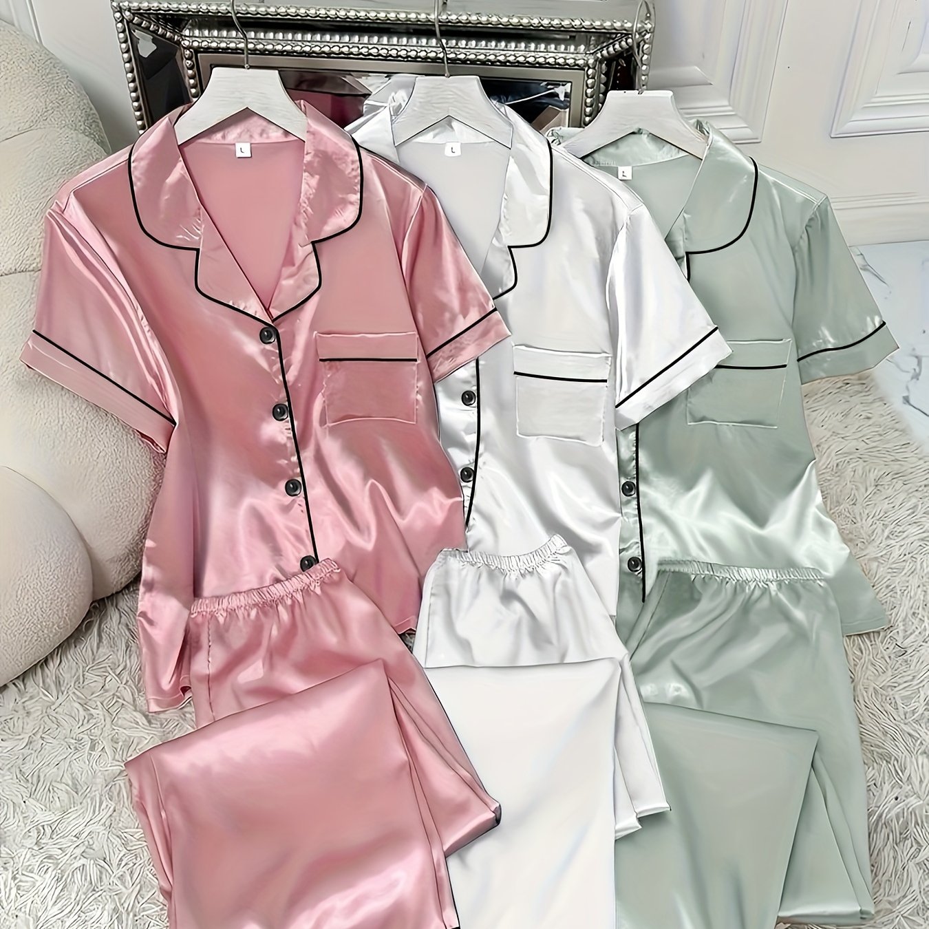Image of 6pcs Casual, Stylish And Comfortable Solid-color Satin Short-sleeve Shirt & Elastic Waist Long Pants Loungewear Set In Standard Sizes