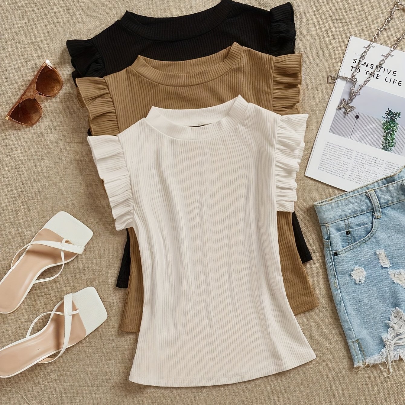 - 3pcs Women' Round Neck Sleeve T-shirts