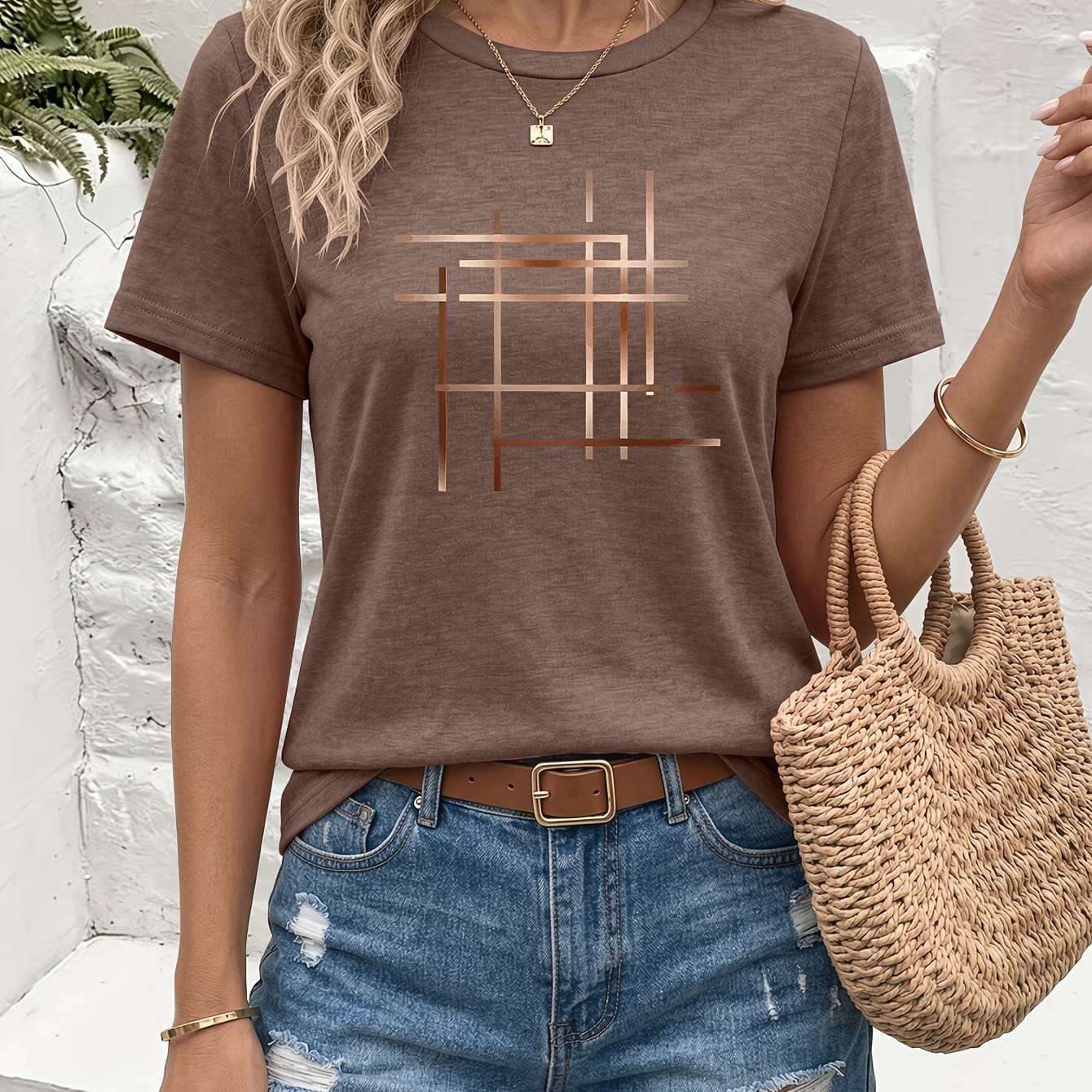 TEMU Minimalist Gradient Geometric Series, Deconstructivist, Round Neck Colored Short-sleeve T-shirt With Intersecting Horizontal And Vertical Line