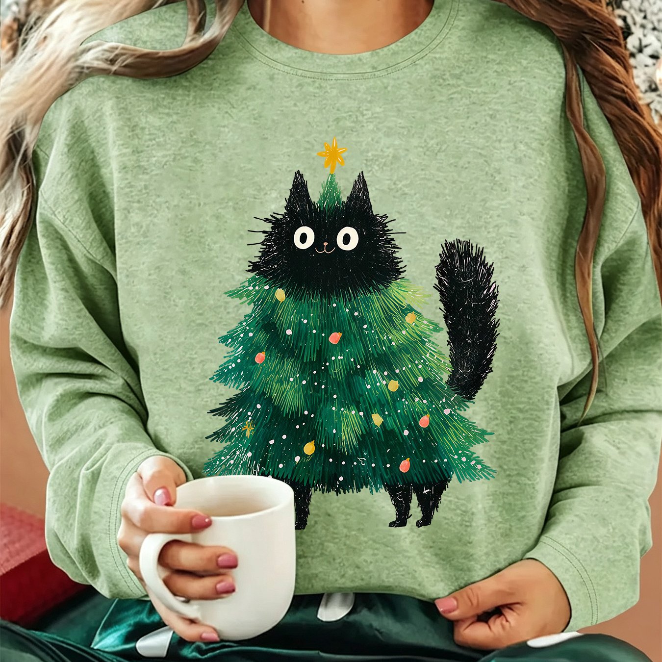 TEMU Vêtement de Noël pour femme, T-shirt à manches longues, col ras du cou, coupe , avec imprimé et sapin de Noël, Vêtement d'intérieur