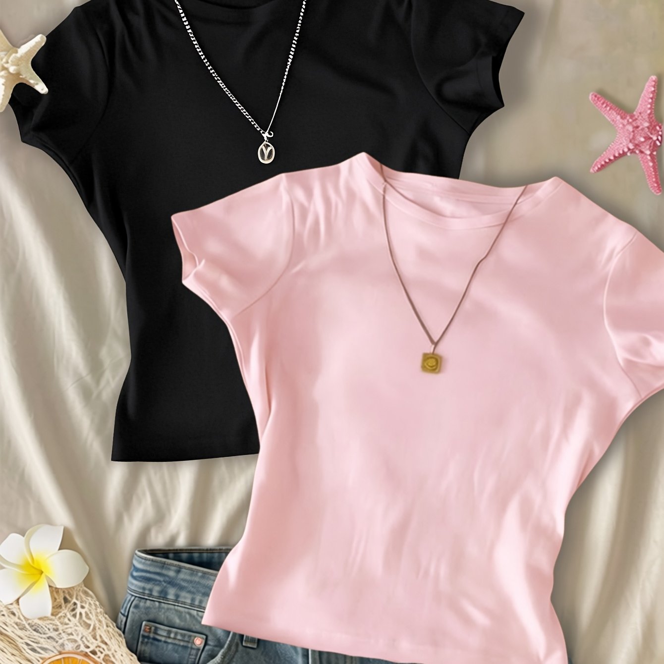 TEMU 2pcss Camisetas de manga corta con cuello redondo para mujer, moda de color sólido casual ajustado Tops cortos, Juego de 2 piezas Verano [JYDX]