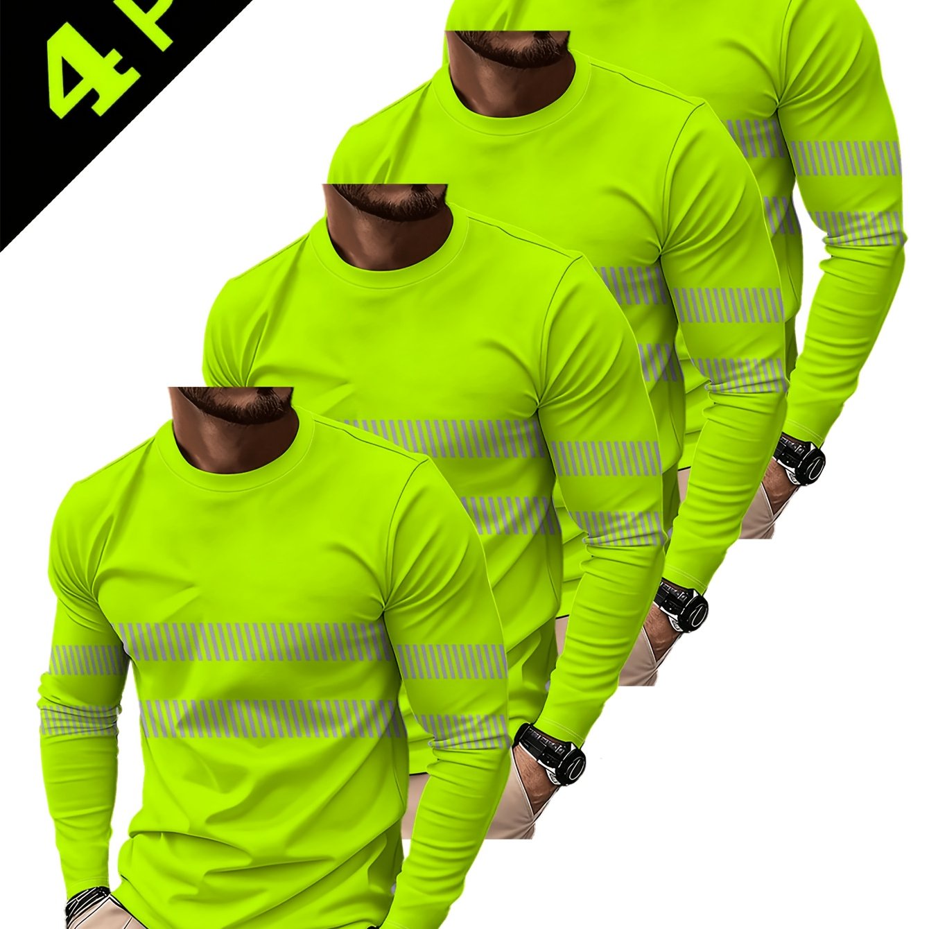 TEMU 4pcs Striped Crew Neck Long Sleeve T-shirts, Lightweight And Breathable Fabric Suitable For Daily Casual Wear, Print Design, Durable Material