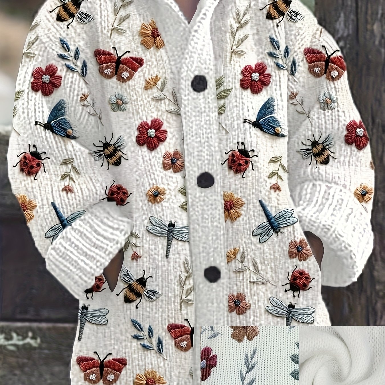 Image of Printed Design – Not Stitched Embroidery Ladies' White Hooded Chunky Drop Shoulder Cardigan With Exquisite Insect And Flower Print, Nordic Fashion Autumn/winter Fabric