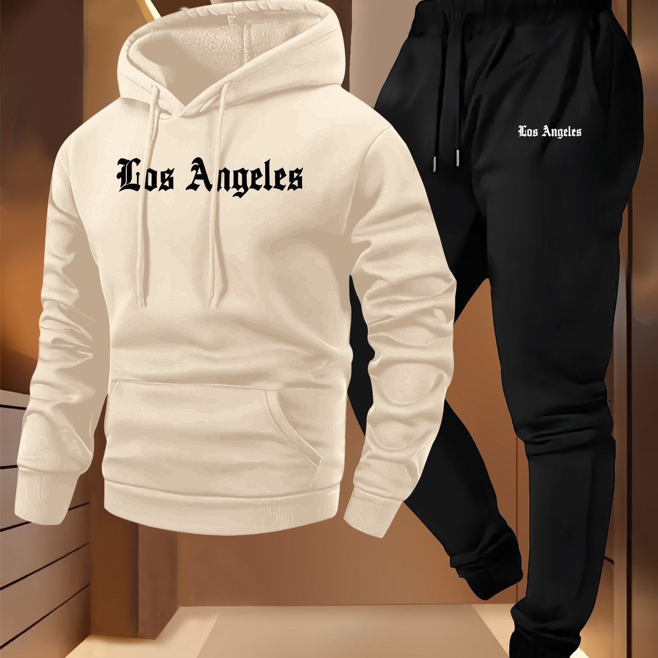 TEMU Los Angeles Print Men's Long-sleeve Hooded Sweatshirt Two-piece Set, A Stylish And Trendy Casual Sports Outfit