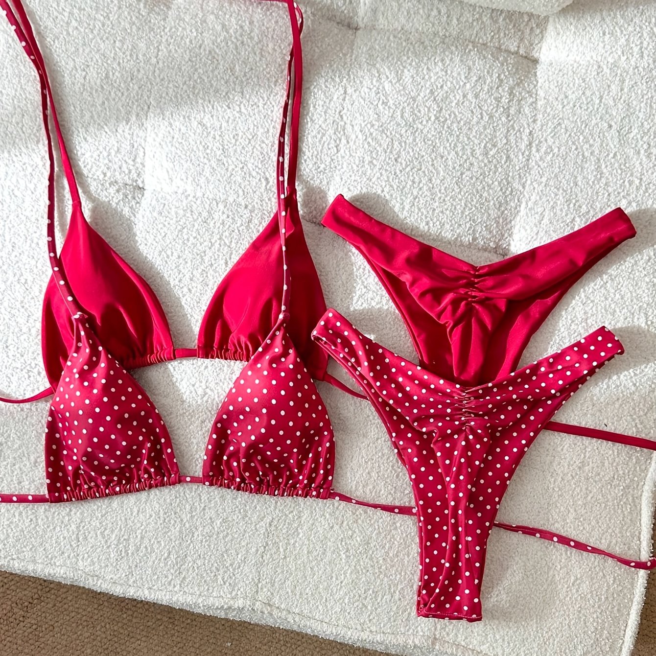TEMU 4-teiliges neues Bikini-Badeanzug-Set mit hoher Taille, Polka Dots einfarbig, mit seitlichen Bändchen, geeignet für Frauen im Strandurlaub