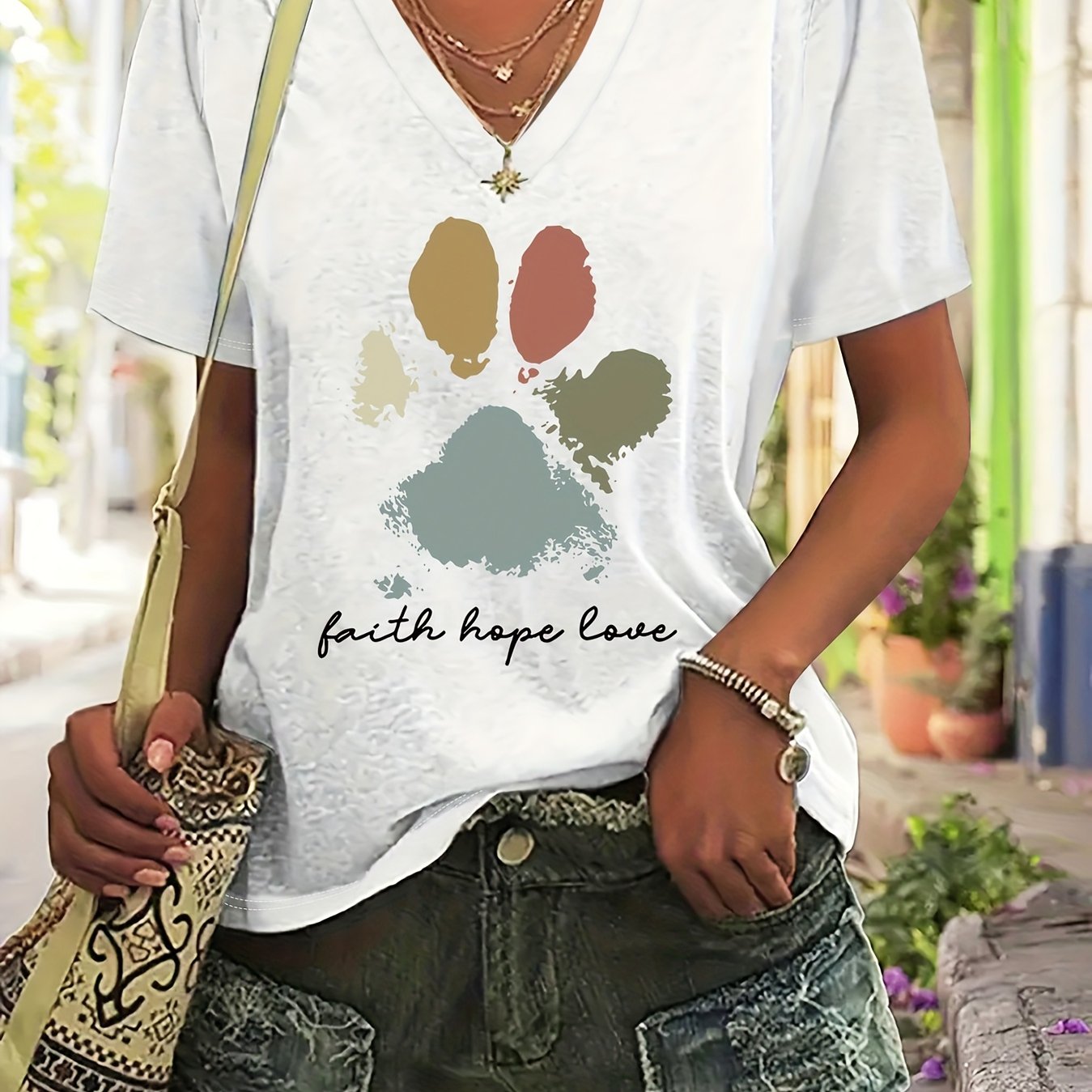 E-shop Plus Size Damen-T-Shirt mit Glaube Liebe Aufdruck - Kurzarm V-Ausschnitt Freizeitoberteil mit Pfotenabdruck-Design, Atmungsaktives