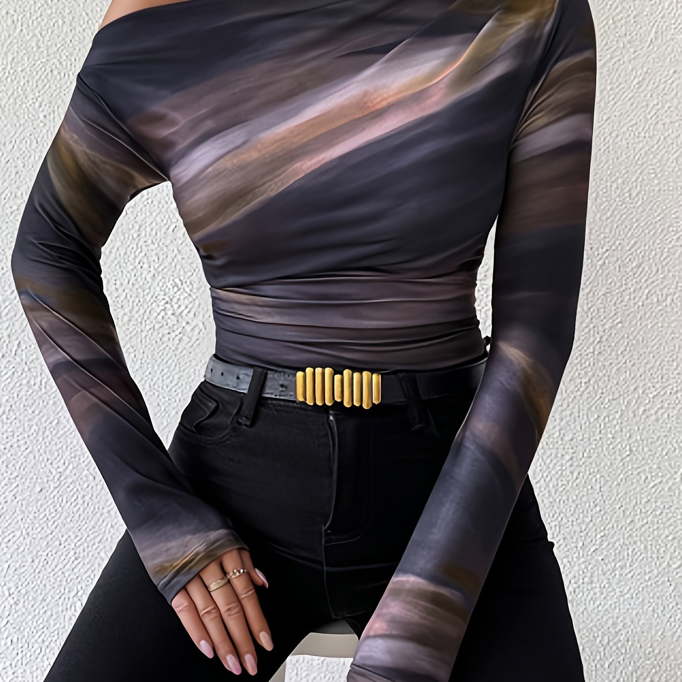TEMU Women's Fashion Marble Gradient Random Print Asymmetrical Neckline Long Ruched T-shirt