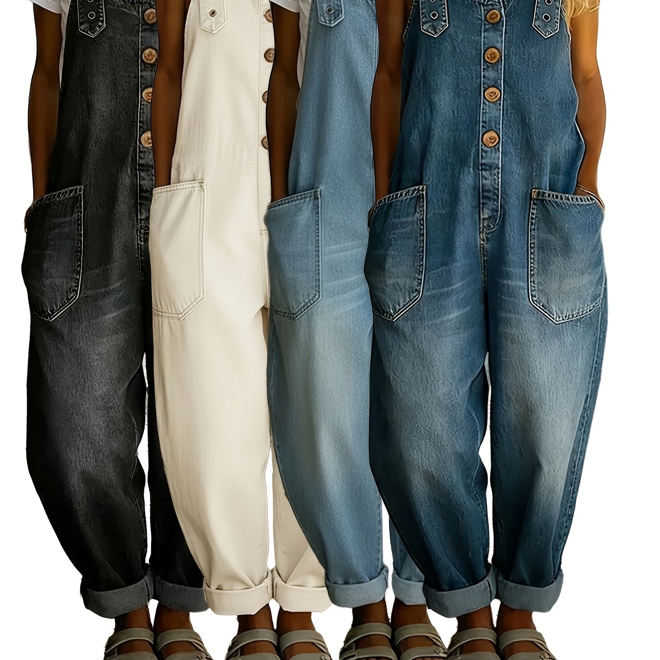 TEMU Women's Vintage Wide Leg Denim Overalls Sleeveless Pocket Jumpsuit Washed Distressed Design Button Front Loose Wide Casual Versatile Denim
