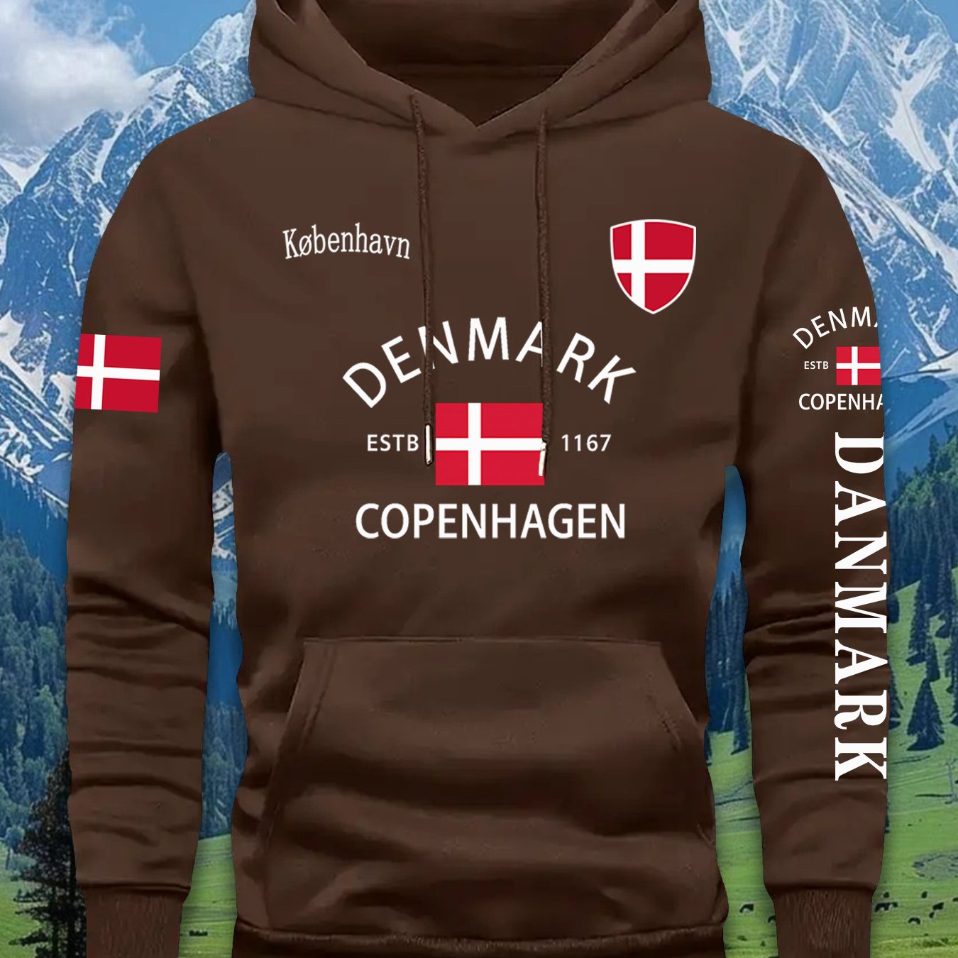 TEMU New Multi-position Flag Pattern Heat Transfer Denmark Flag Print -lined Sweatshirt, Suitable For Autumn And Winter, Fashion Hoodie