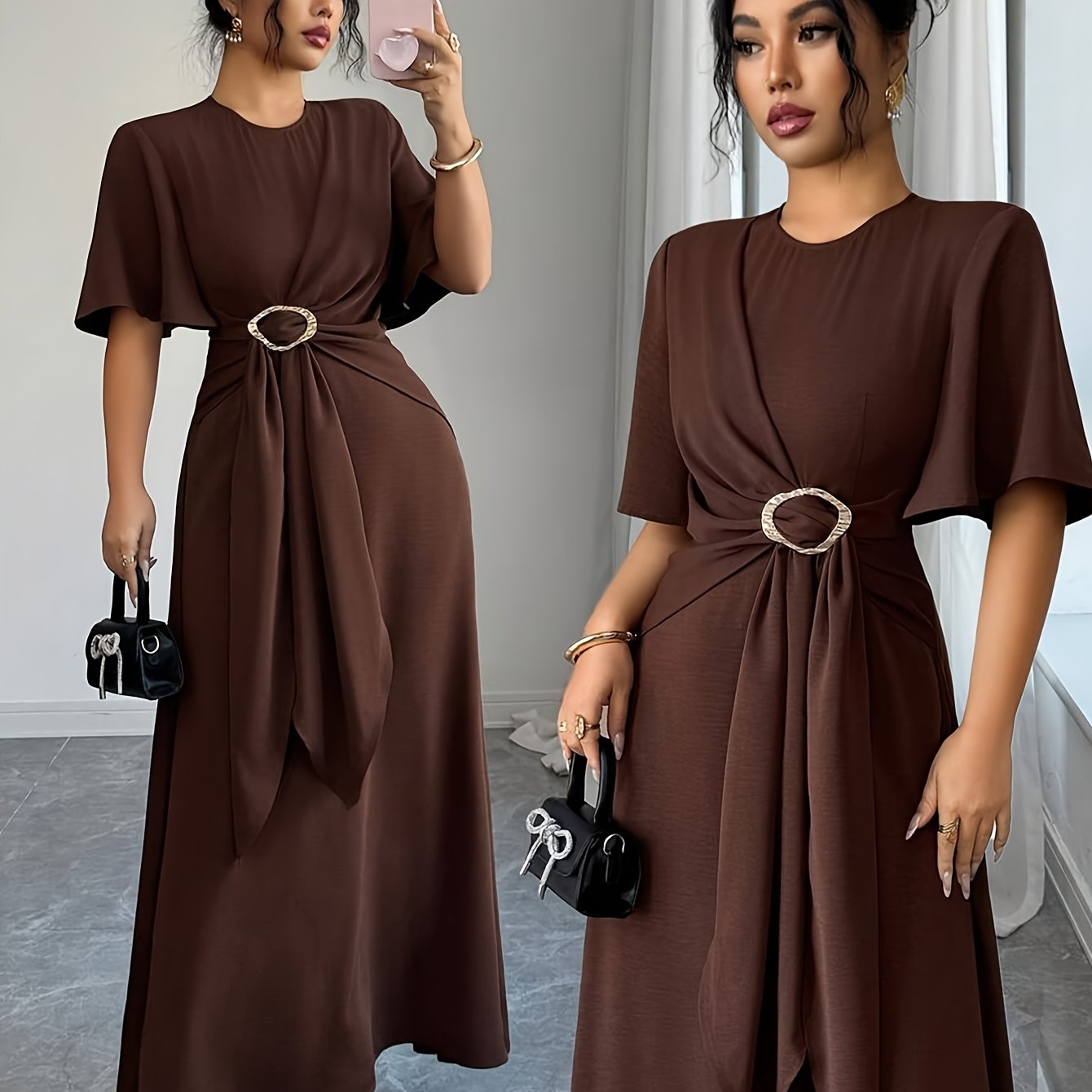 TEMU Women's Elegant Brown Round Neck Short Sleeve Metallic Button Waist-cinching Flowy Dress Summer New