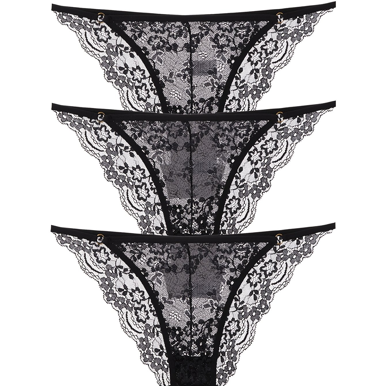E-shop 3er-Pack Sexy Schwarze Spitzen Slips, Durchsichtiges Mesh-Design, Zarte Blumenverzierungen, Metallring-, Low-Rise Dreiecksschnitt, Passform für