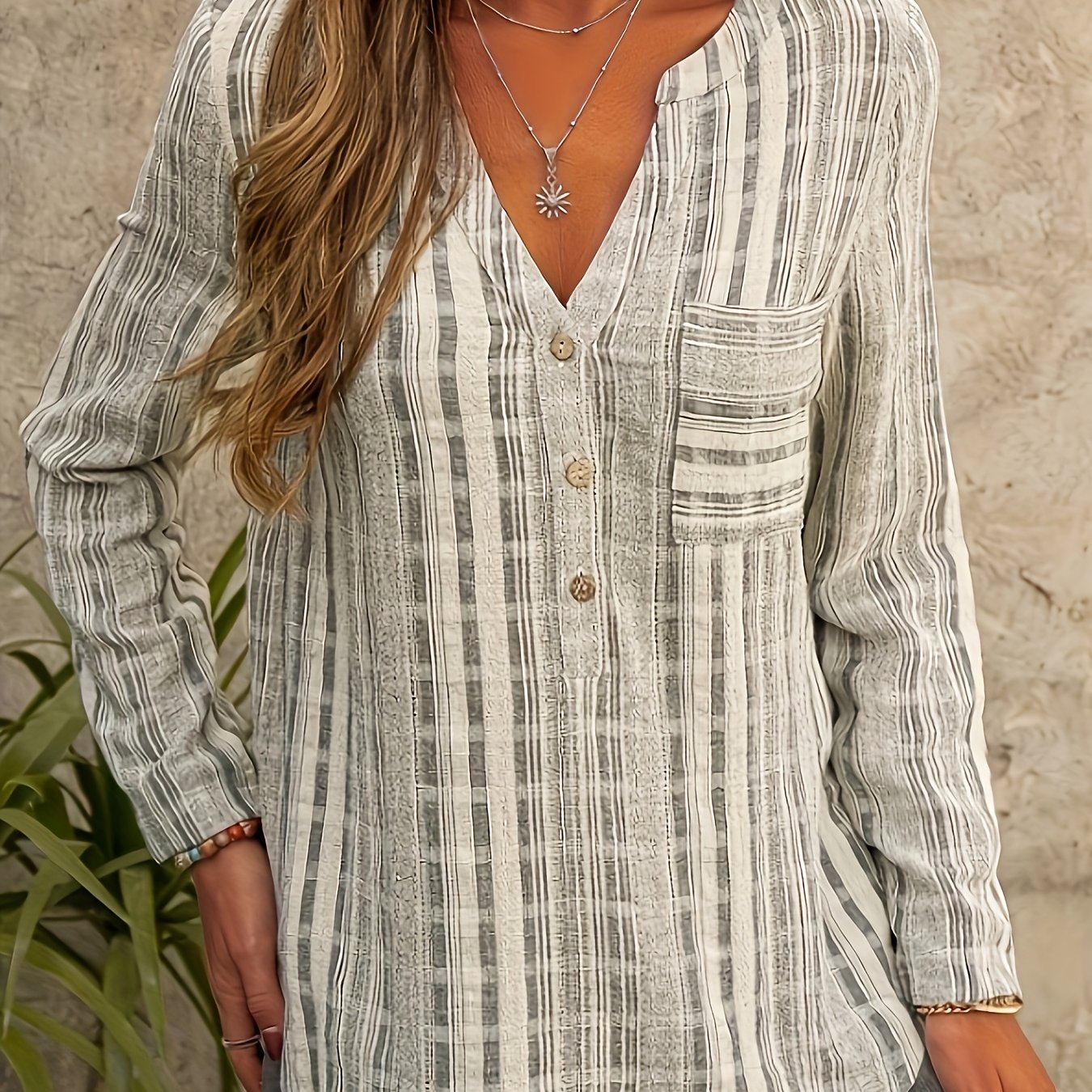 Image of Style Striped Pocket Casual Top Women's Fashion V-neck Long Sleeve Shirt