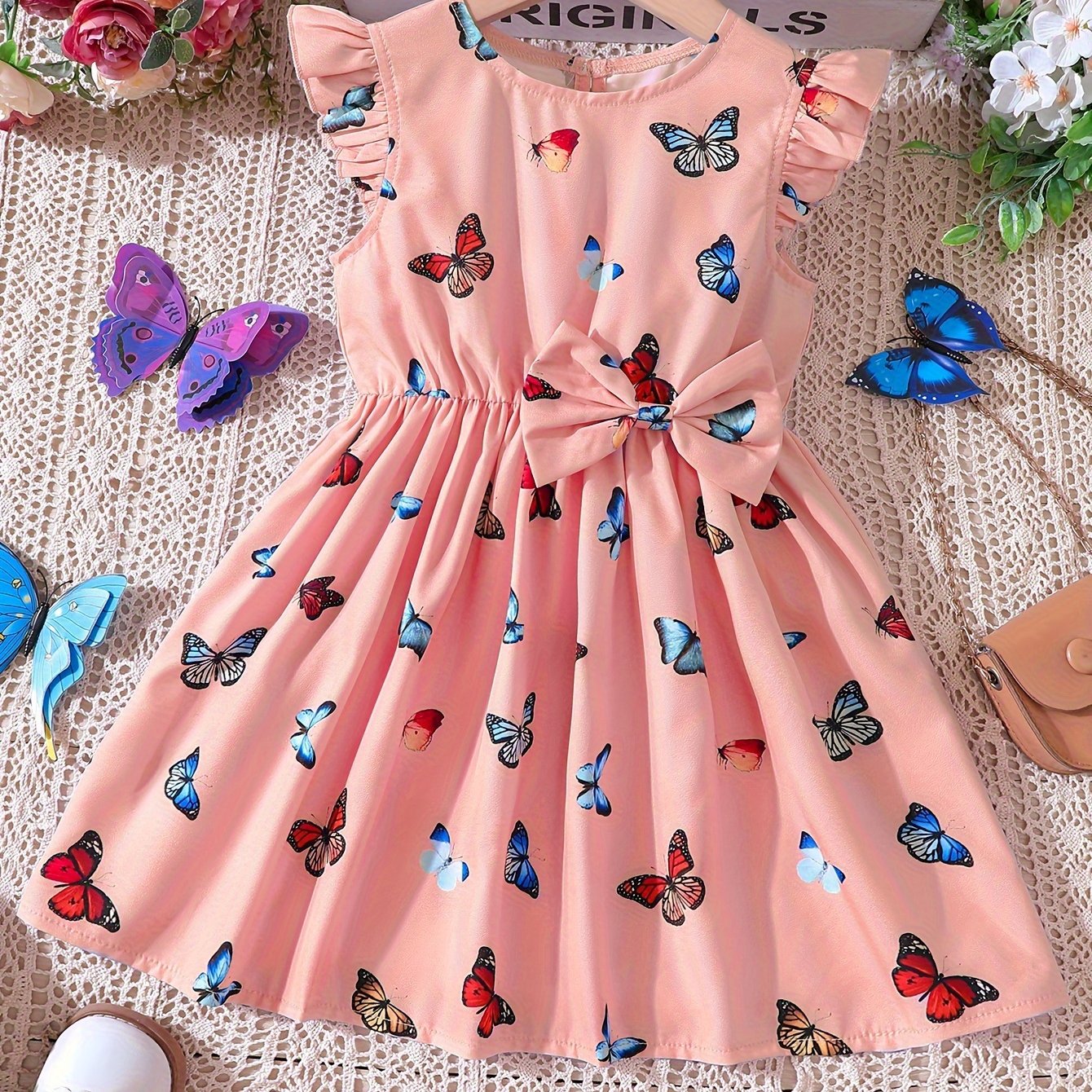 Image of Girls' Summer Dress - Vibrant Print With Flutter Sleeves & Bow Detail, Casual, Perfect For Parties & Beach , Girl Outfits
