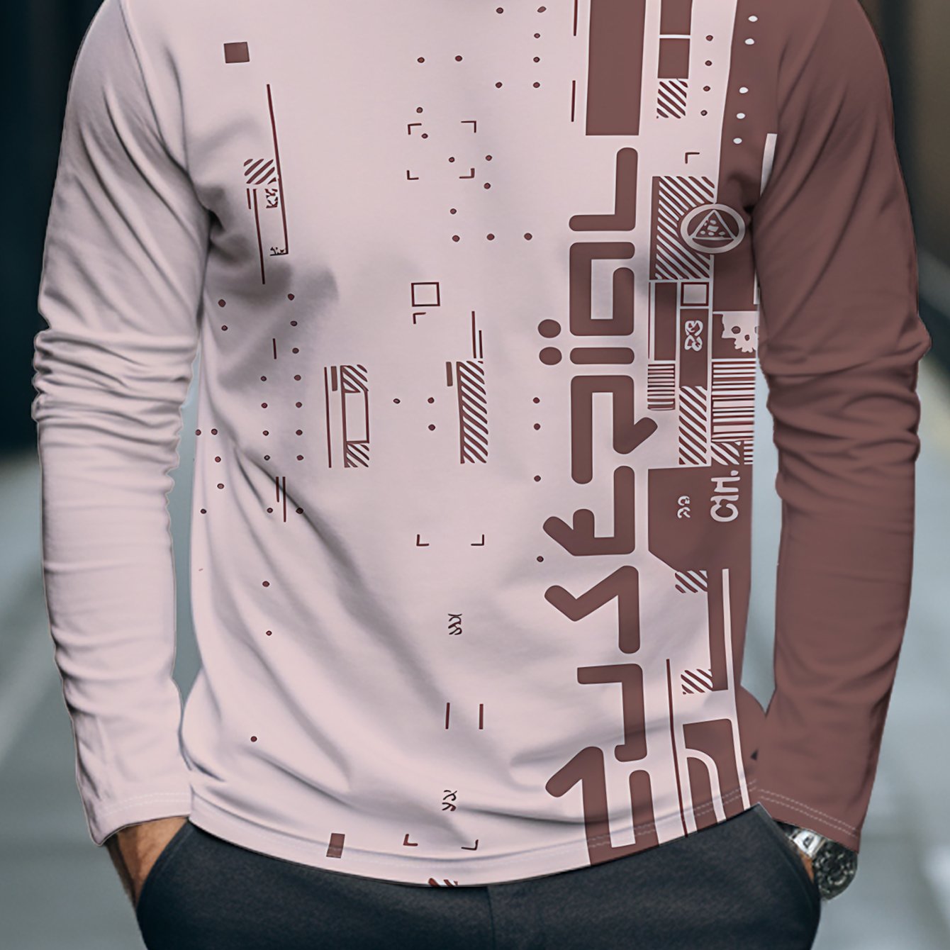 TEMU Light Pink Base With Dark Brown Geometric Print Long-sleeve T-shirt, Featuring A Technological Design
