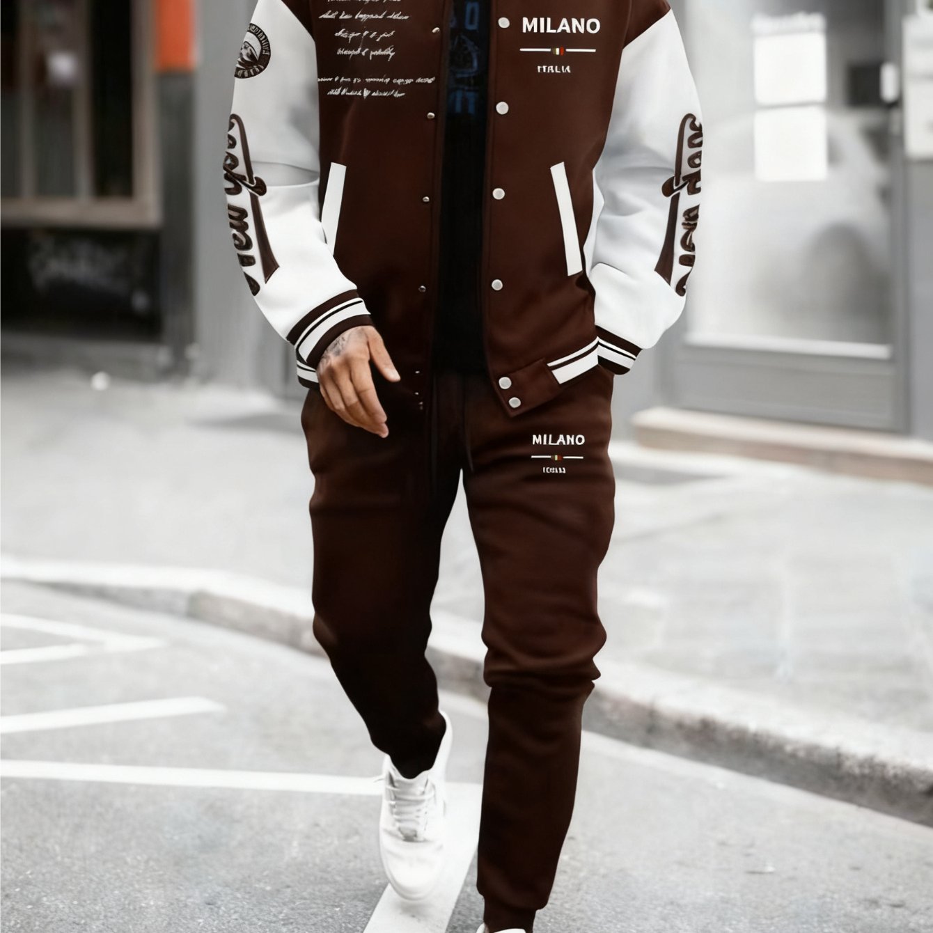 Image of Special Offermen's Casual Sports Baseball Collar Button-up Jacket And Sweatpants Set, American-style Sportswear With 3d "ny" Print, Suitable For All Gift- Occasions, Plus Size