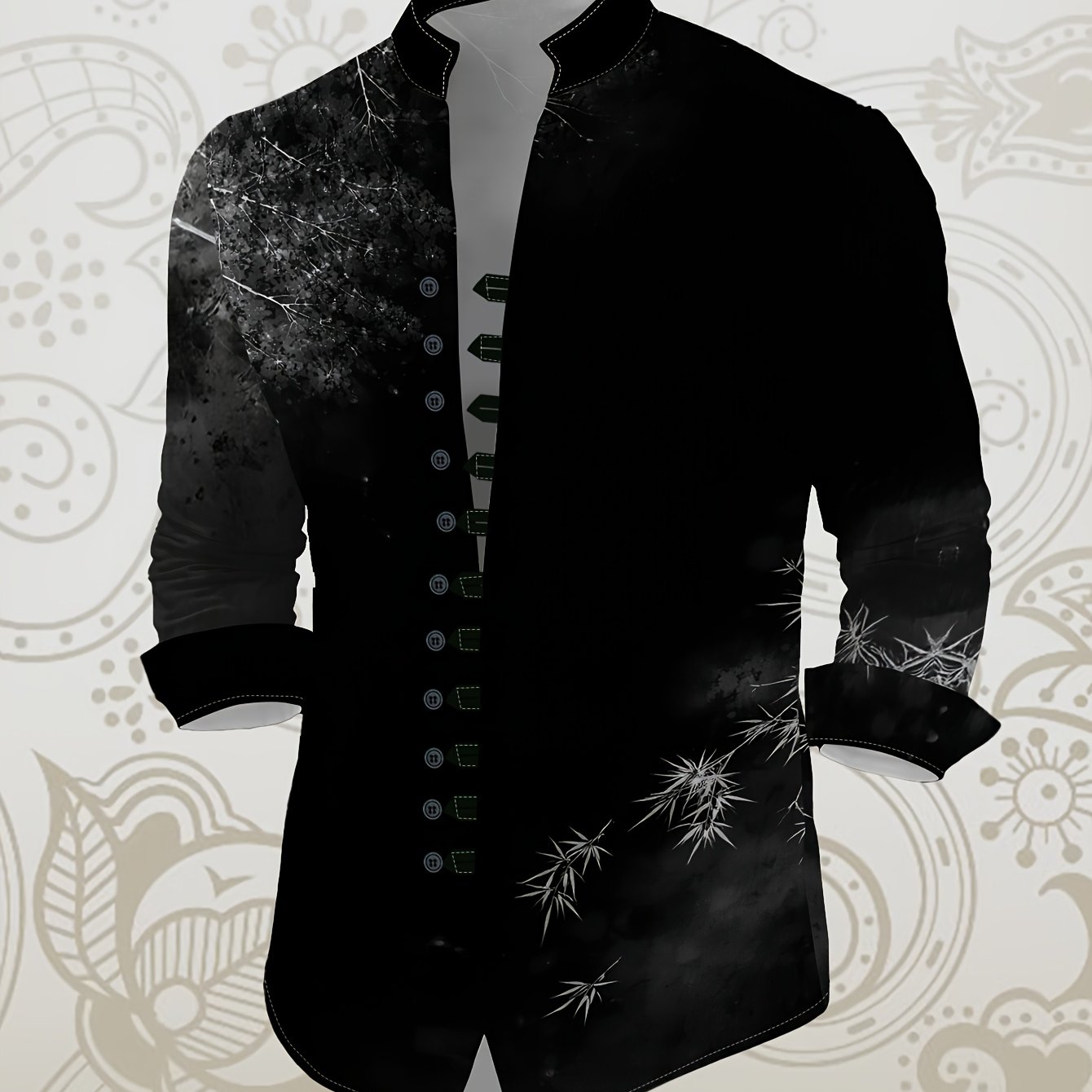 TEMU Men's 11-row Button Long Sleeve Shirt Ink Bamboo Rayon Rayon Leaf Print Stand Collar Fashion Casual Breathable Comfortable Spring Autumn Style