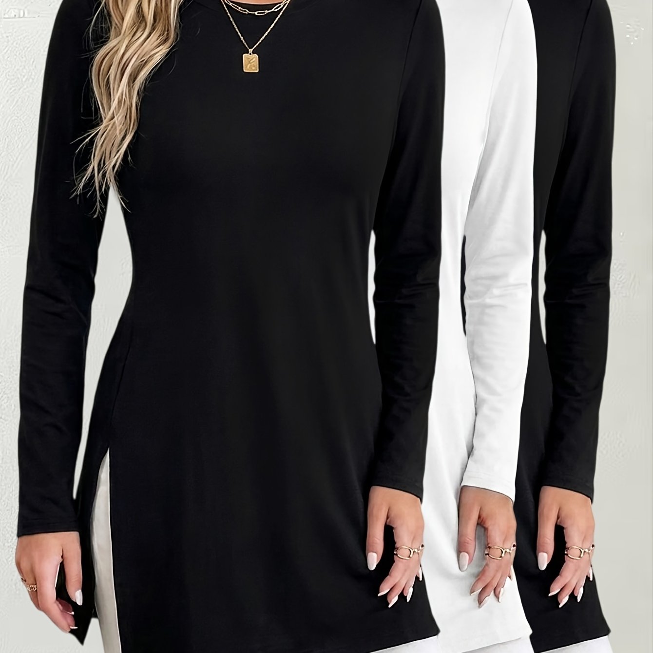TEMU 3pcs Set Of Split Long Sleeve Casual Round Neck Women's Tops For Autumn And Winter, Machine Washable