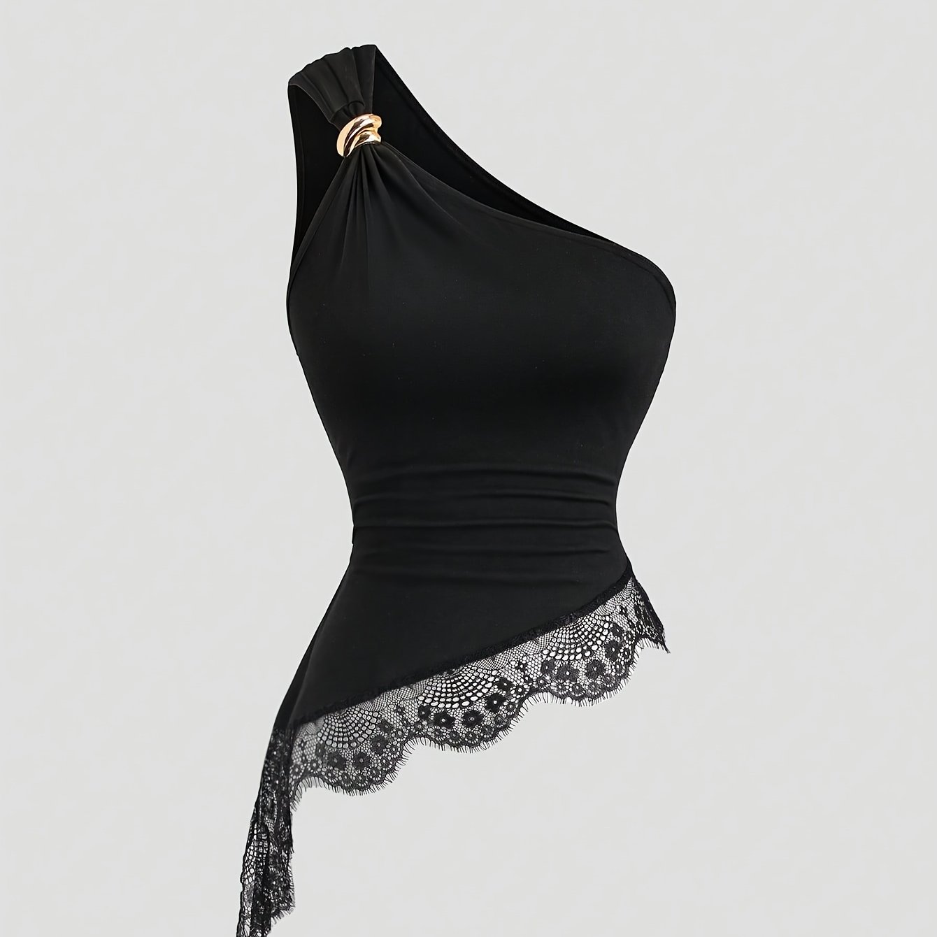 TEMU Sexy Lace Asymmetrical Hem Sleeveless Blouse With Metal Buttons, Women's Casual Top