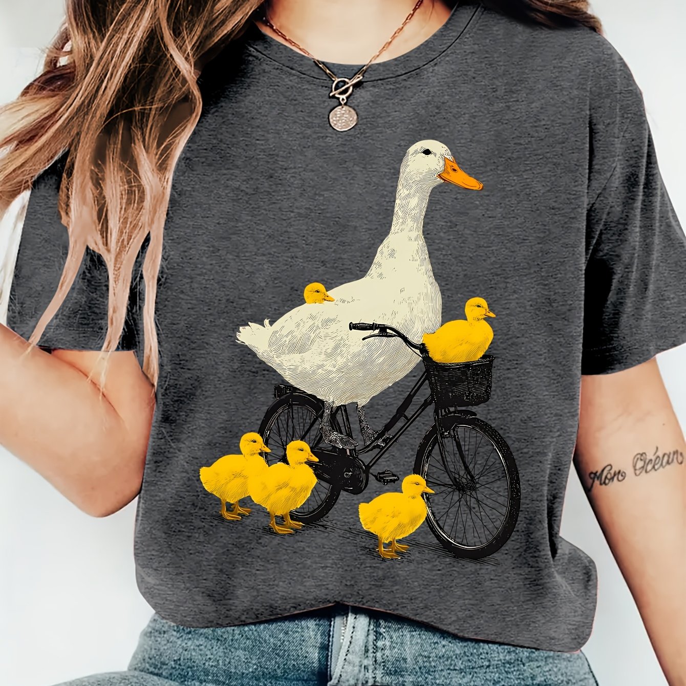 TEMU Women's Summer Clothing - Duck Riding Bicycle With Print Round Neck Short Sleeve T-shirt, Comfortable Soft Fashion Elegant Party Vintage Casual