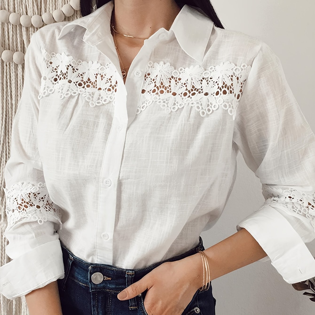 Image of Women's Elegant Long-sleeved Shirt, Lace Button- Blouse Tops, Cutout Casual Shirt, For Daily Wear, Commuting And Office Outfit /summer/autumn