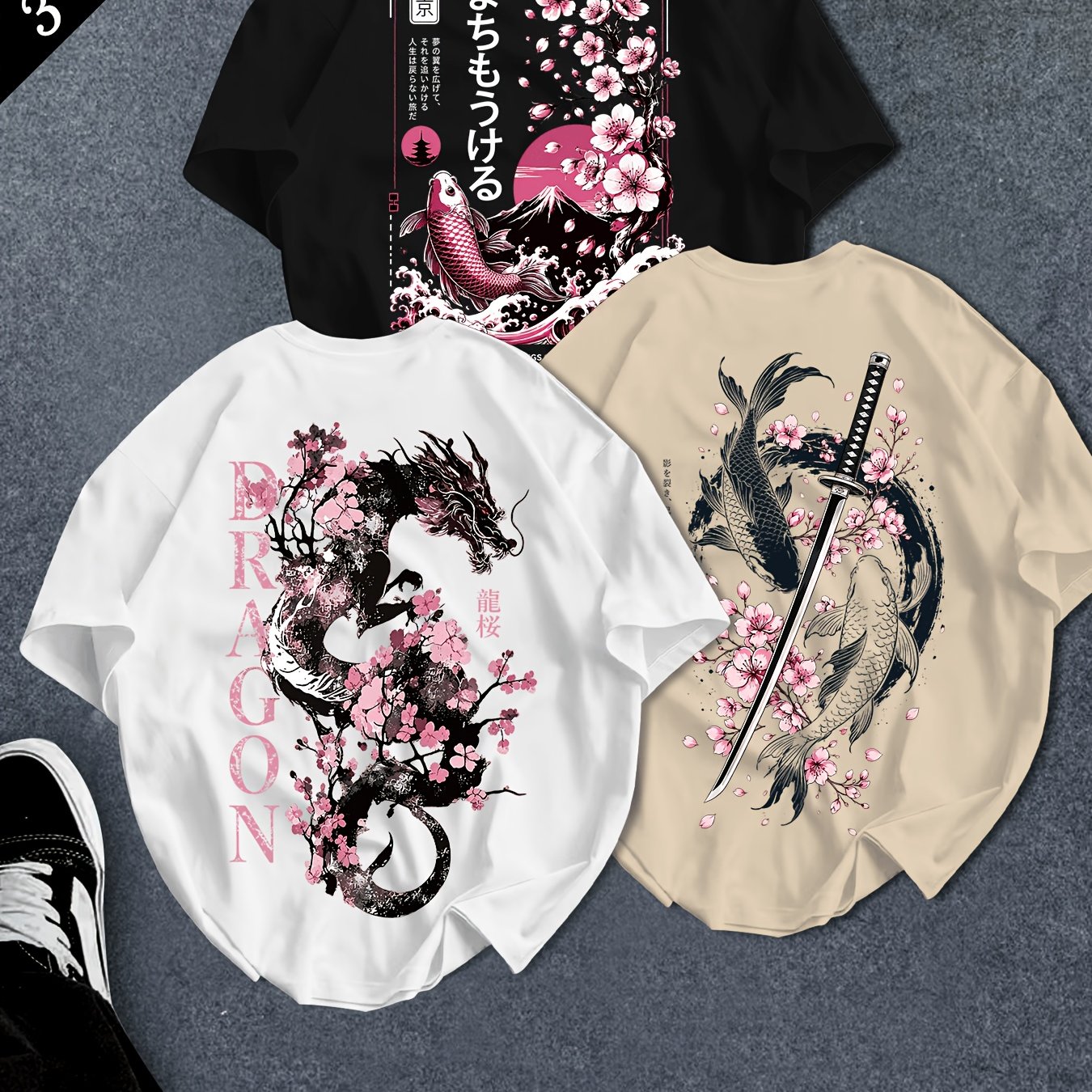 TEMU 3pcs Set Of Print Short Sleeve T-shirts, Fuji Pink Koi Fish, Cherry Black Dragon, And Yin Yang 3 Styles Multicolor Loose Casual Top For Men And